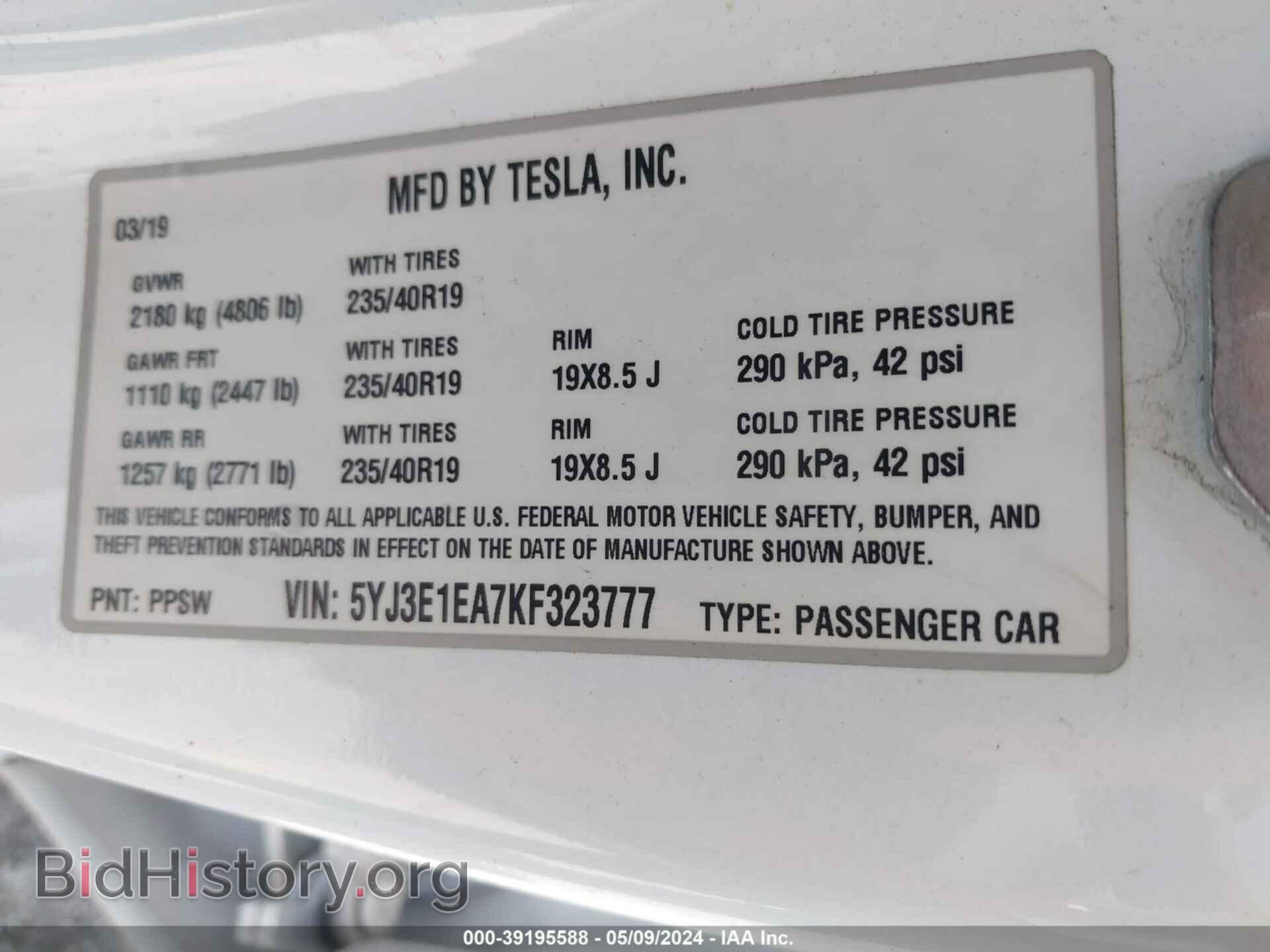2019 TESLA MODEL 3 - VIN: 5YJ3E1EA7KF323777 - Фото 9