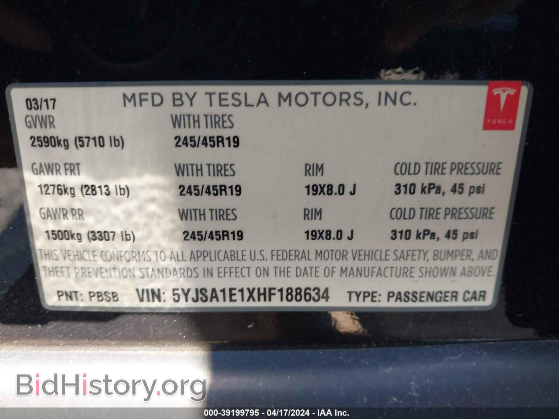 2017 TESLA MODEL S - VIN: 5YJSA1E1XHF188634 - Фото 9