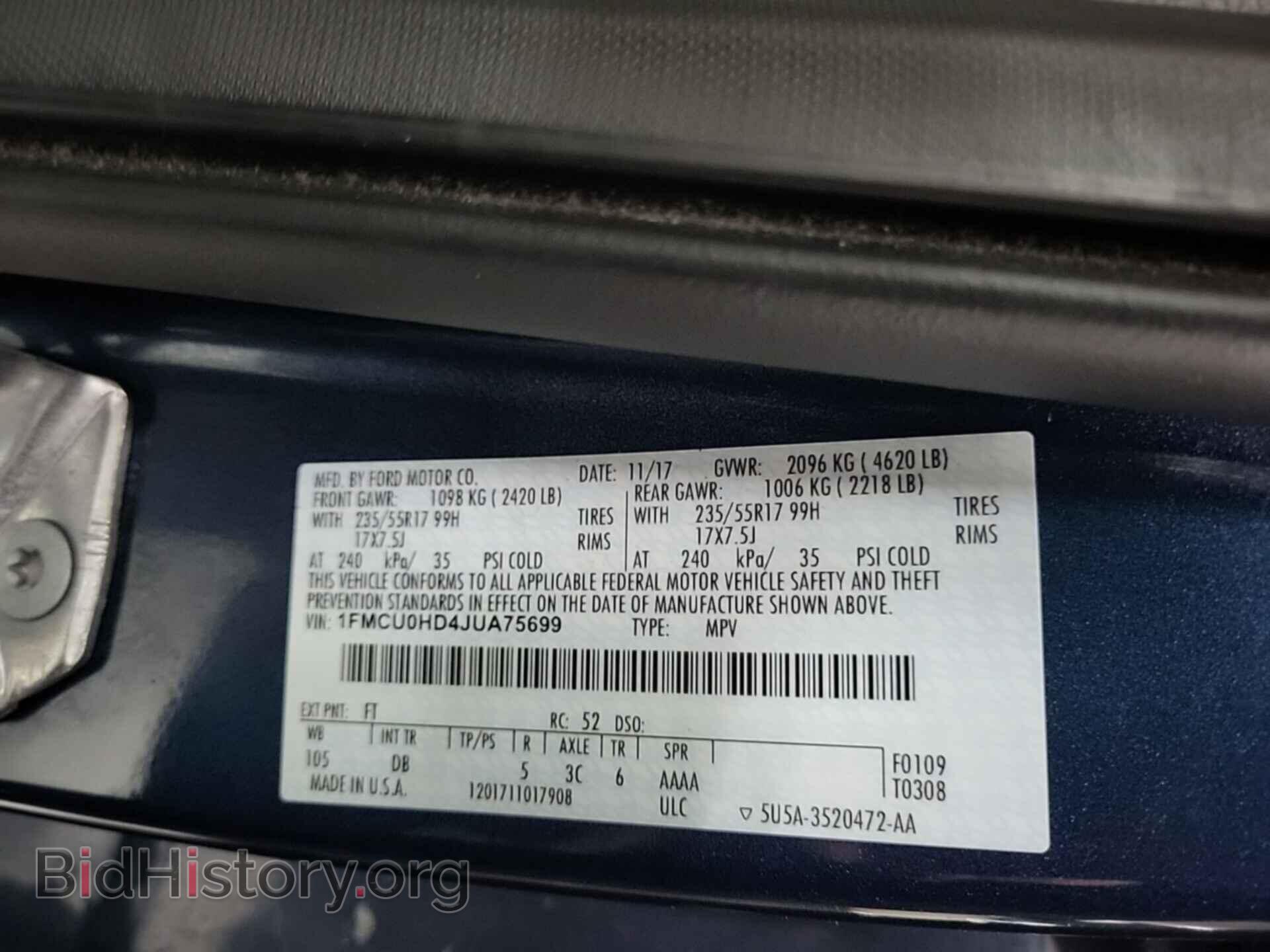 Фотография 1FMCU0HD4JUA75699 - FORD ESCAPE 2018