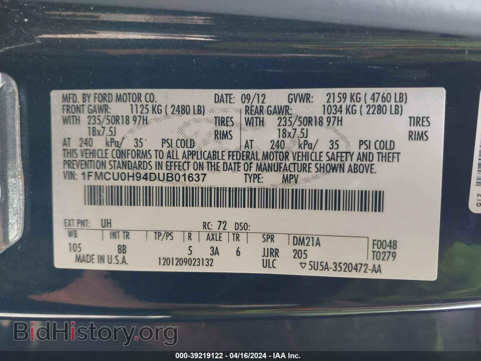 2013 FORD ESCAPE - VIN: 1FMCU0H94DUB01637 - Фото 9