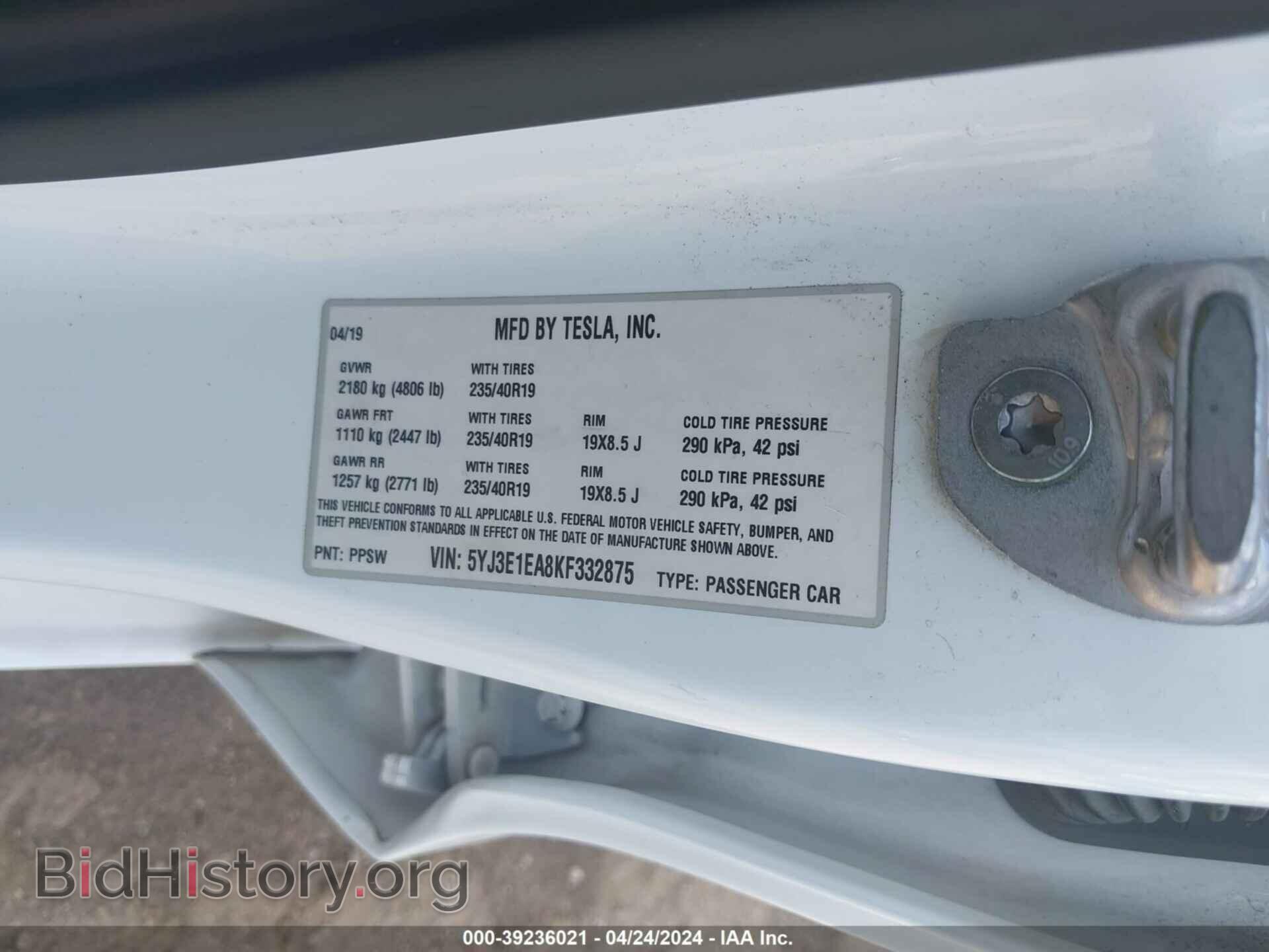 2019 TESLA MODEL 3 - VIN: 5YJ3E1EA8KF332875 - Фото 9
