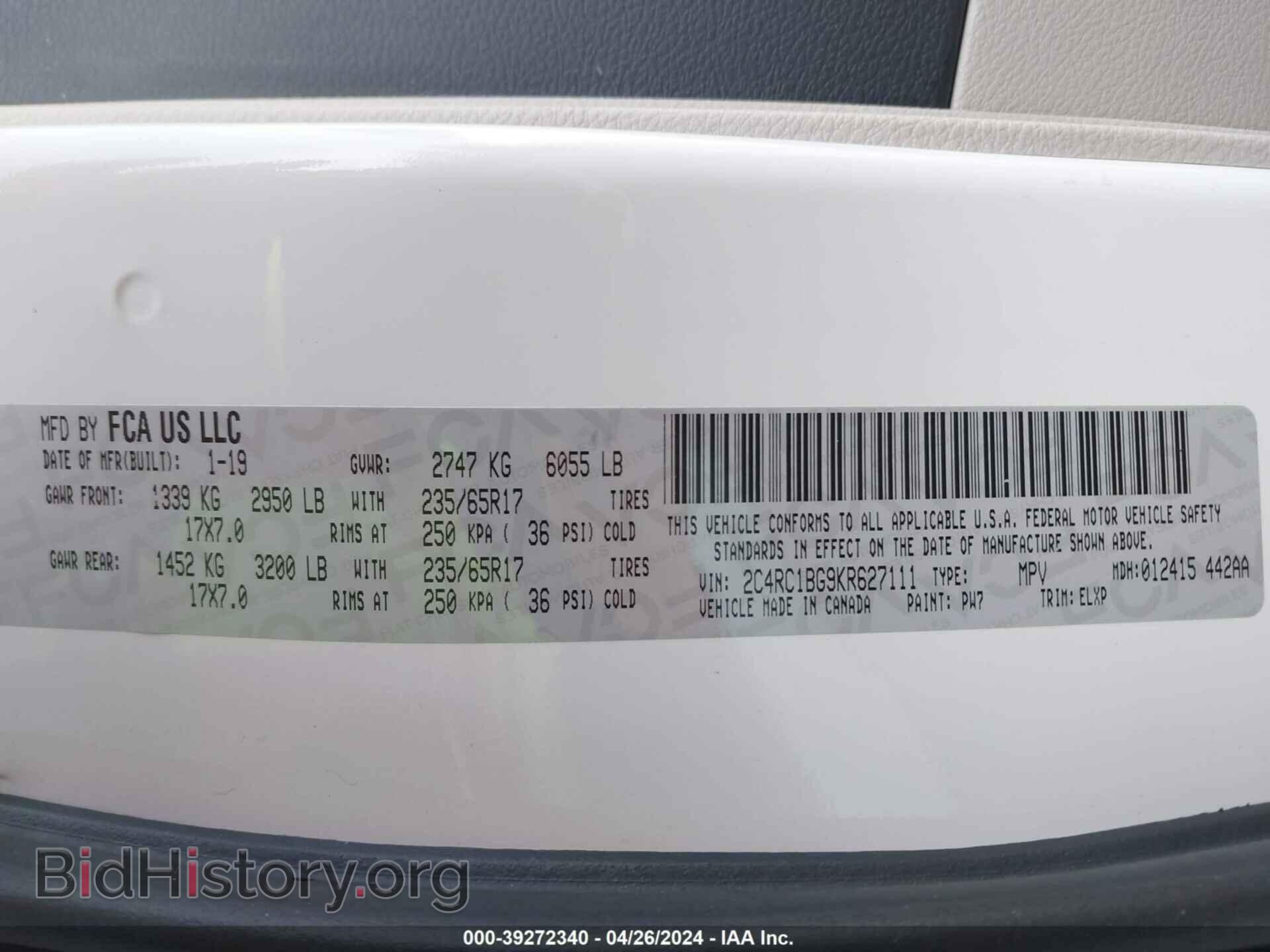 2019 CHRYSLER PACIFICA - VIN: 2C4RC1BG9KR627111 - Photo 9