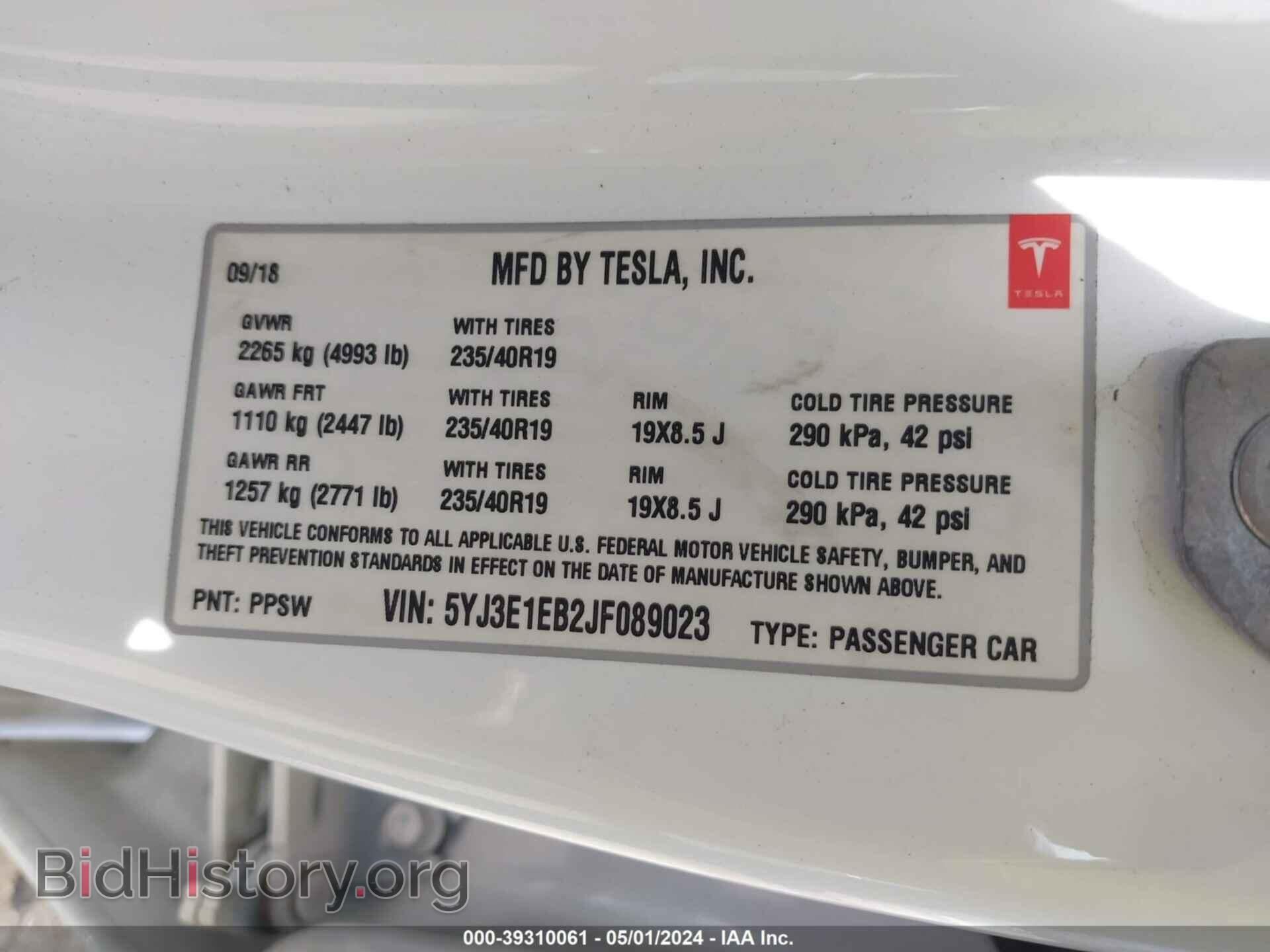 2018 TESLA MODEL 3 - VIN: 5YJ3E1EB2JF089023 - Фото 9