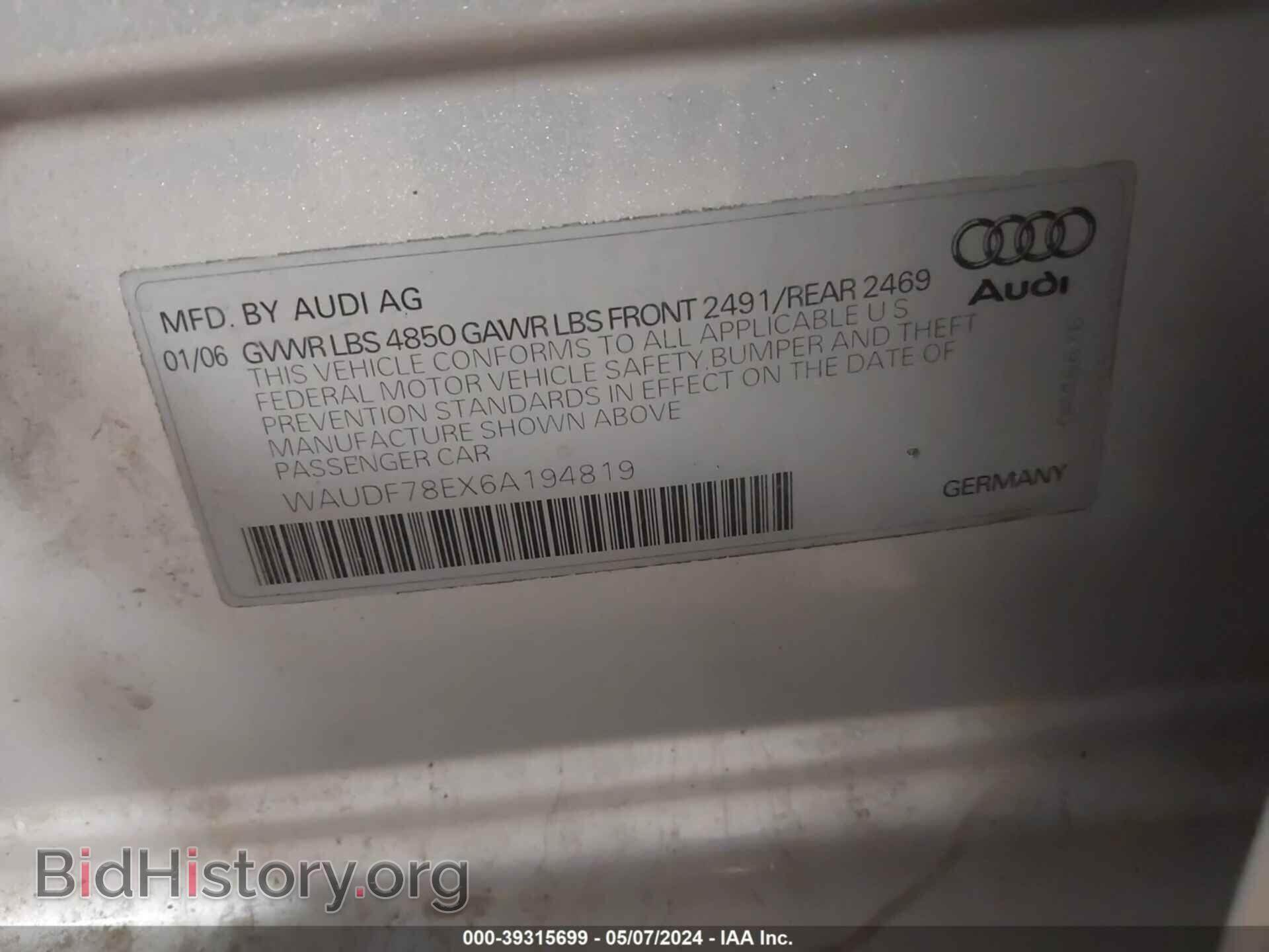 2006 AUDI A4 - VIN: WAUDF78EX6A194819 - Фото 9