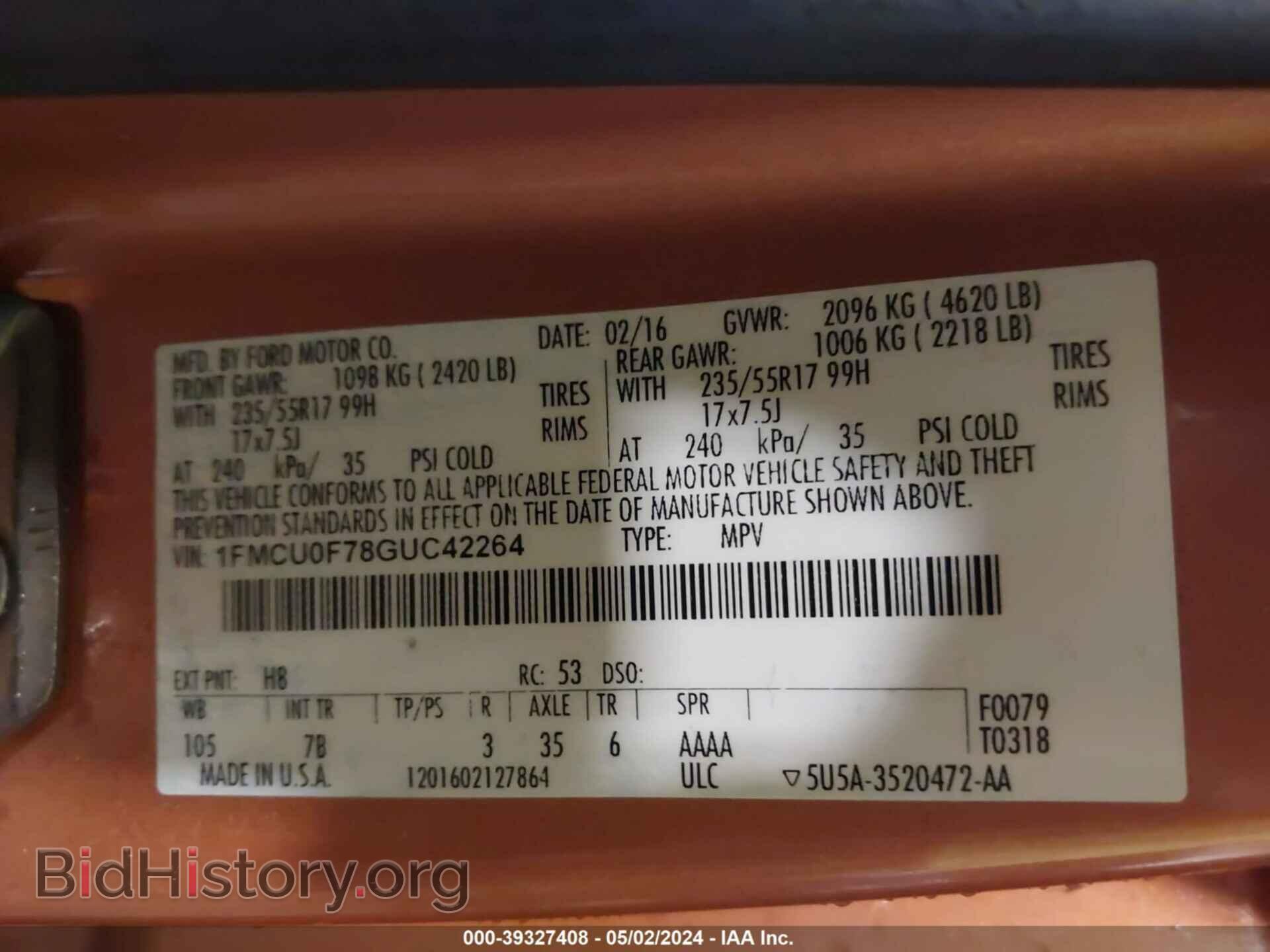 2016 FORD ESCAPE - VIN: 1FMCU0F78GUC42264 - Photo 9