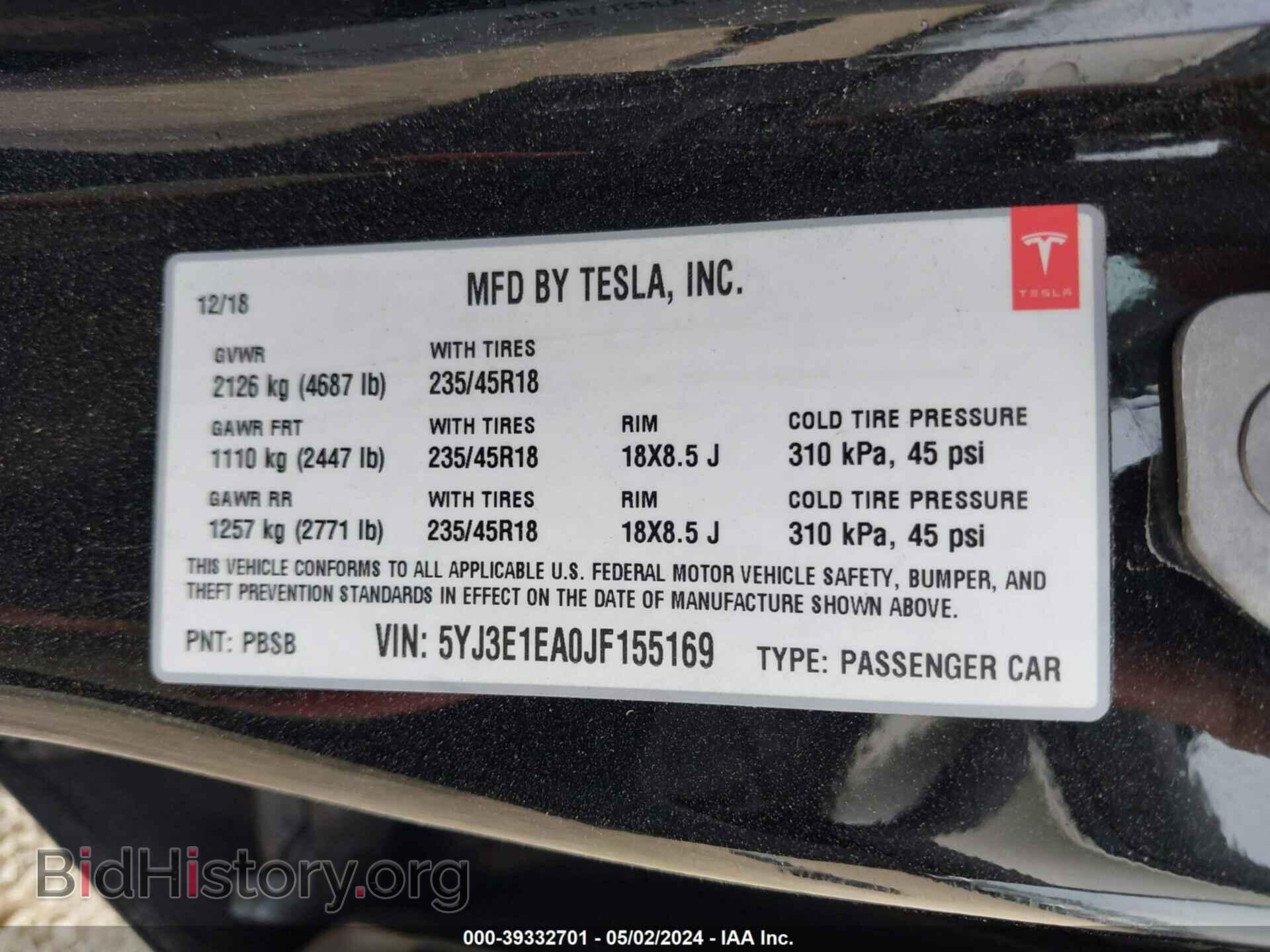 2018 TESLA MODEL 3 - VIN: 5YJ3E1EA0JF155169 - Фото 9
