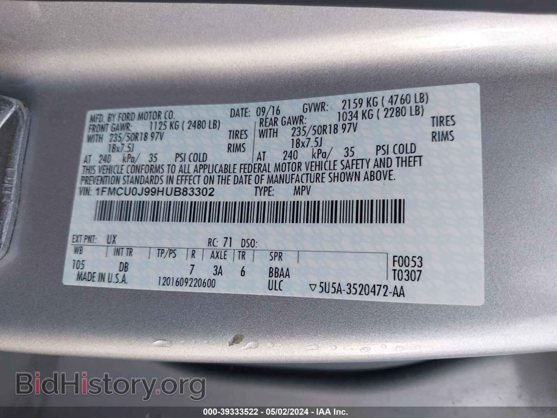 2017 FORD ESCAPE - VIN: 1FMCU0J99HUB83302 - Photo 9