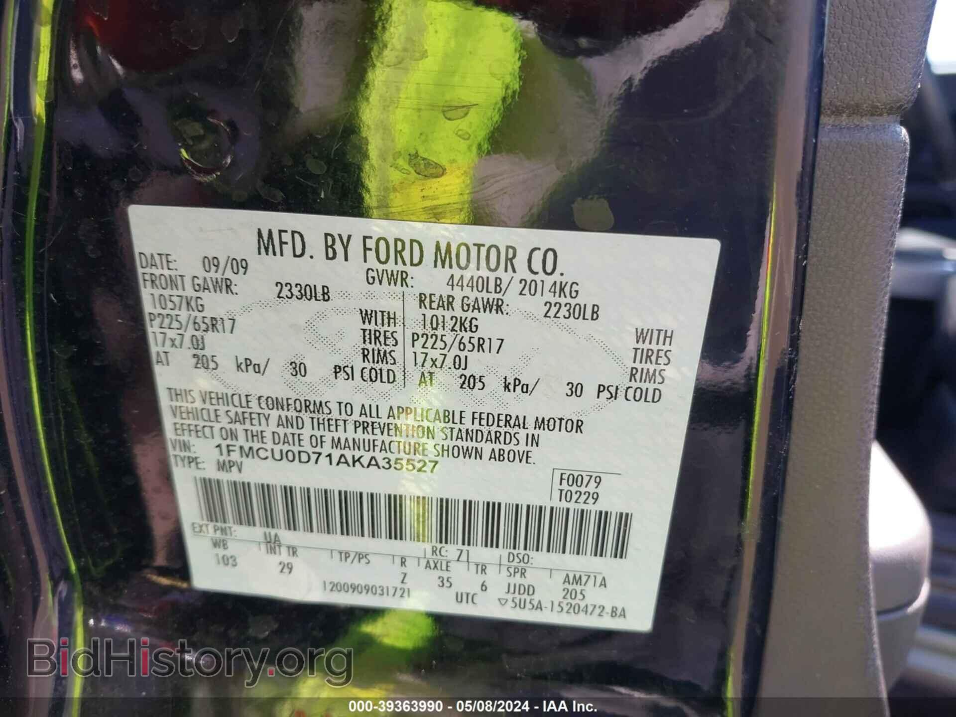 2010 FORD ESCAPE - VIN: 1FMCU0D71AKA35527 - Фото 9