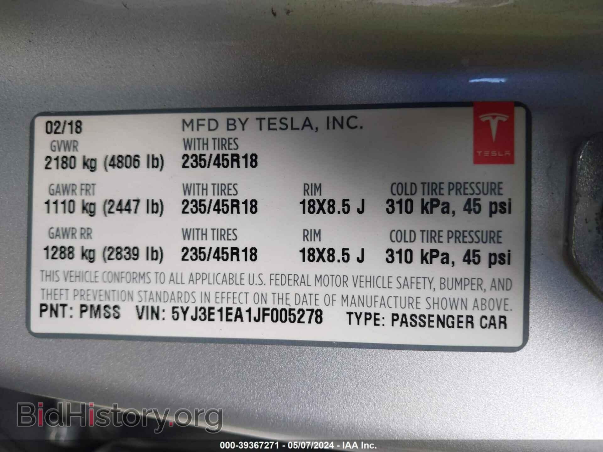 2018 TESLA MODEL 3 - VIN: 5YJ3E1EA1JF005278 - Фото 9
