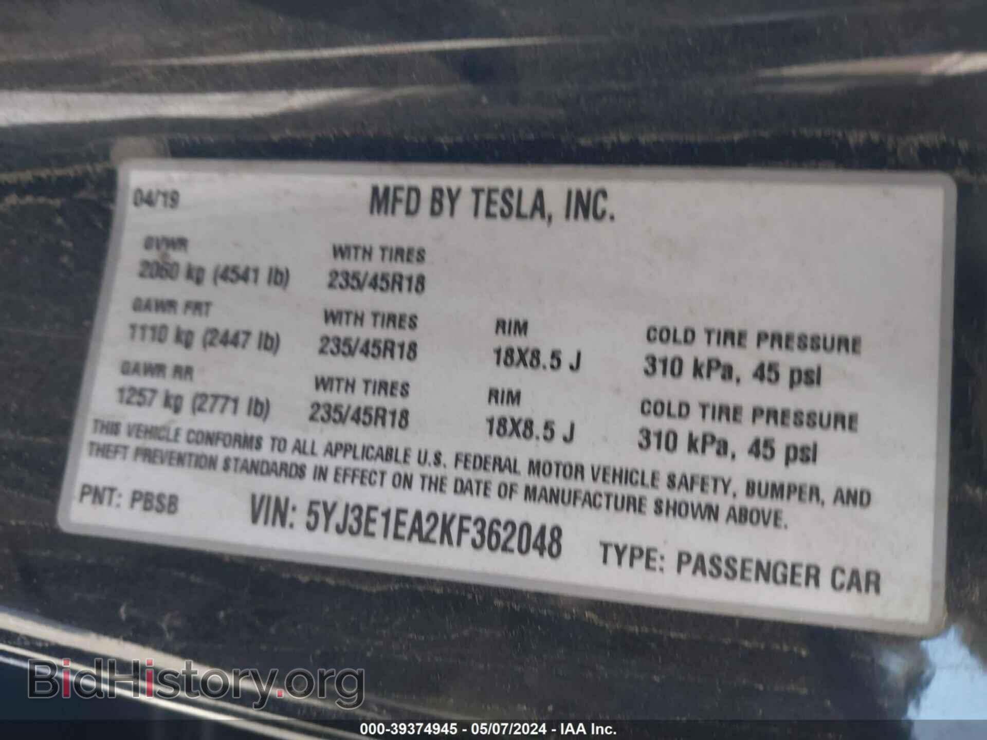 2019 TESLA MODEL 3 - VIN: 5YJ3E1EA2KF362048 - Фото 9