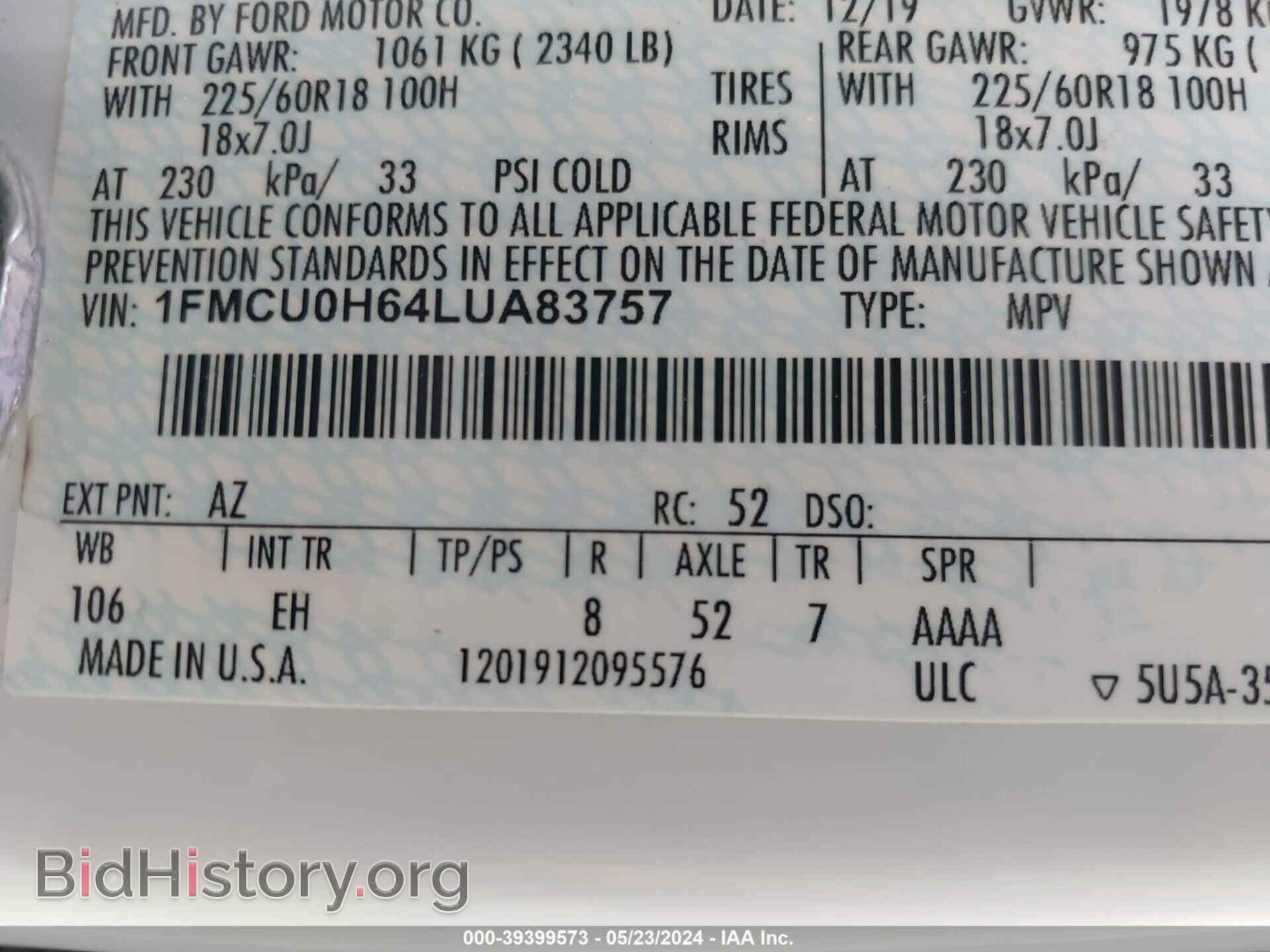 2020 FORD ESCAPE - VIN: 1FMCU0H64LUA83757 - Photo 9