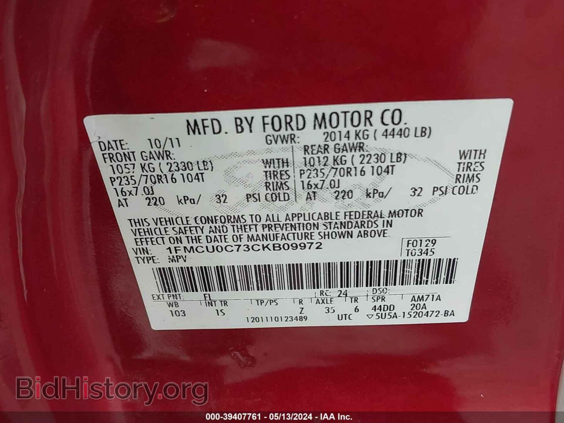 2012 FORD ESCAPE - VIN: 1FMCU0C73CKB09972 - Photo 9