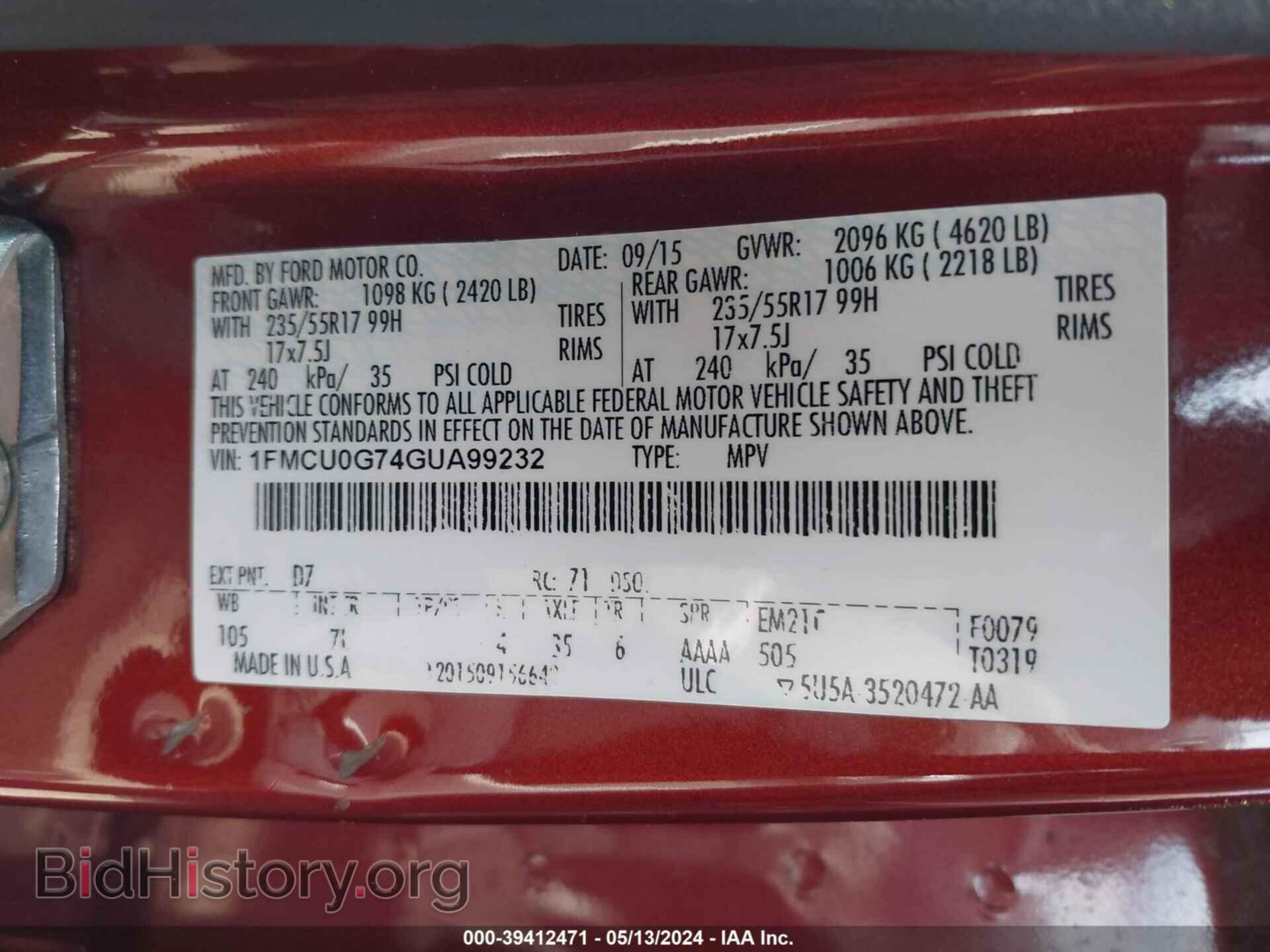 2016 FORD ESCAPE - VIN: 1FMCU0G74GUA99232 - Фото 9
