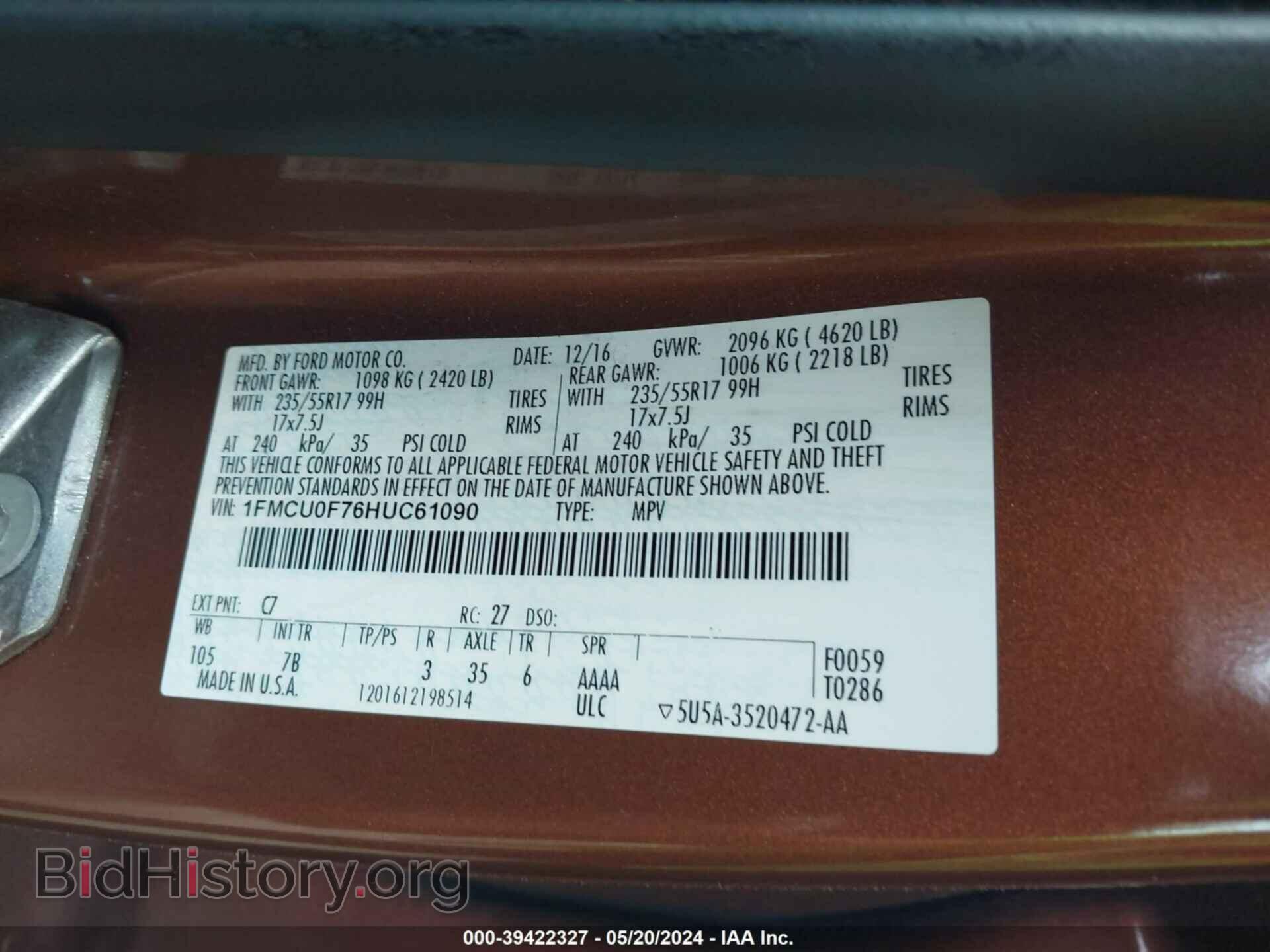 2017 FORD ESCAPE - VIN: 1FMCU0F76HUC61090 - Фото 9