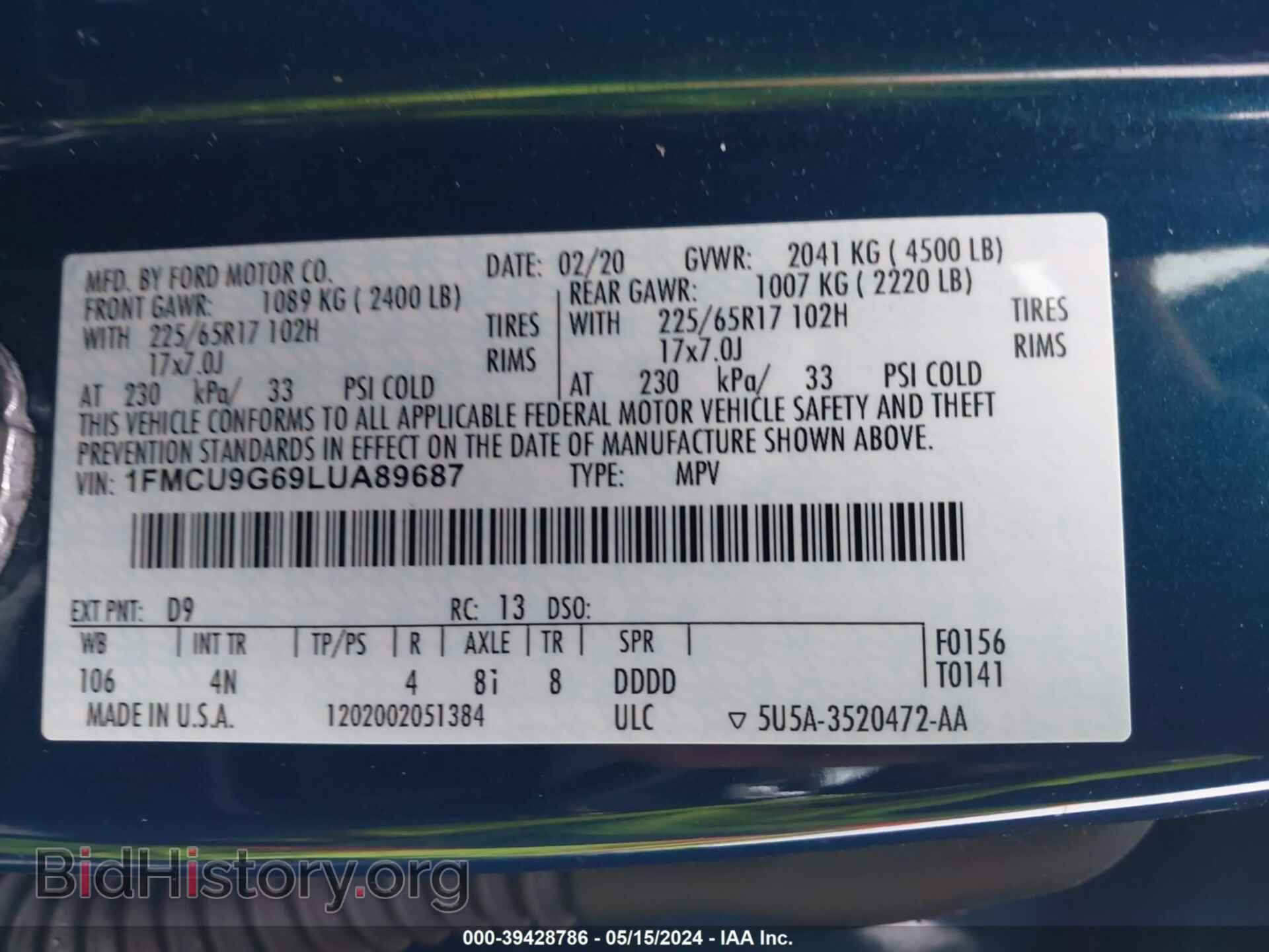 2020 FORD ESCAPE - VIN: 1FMCU9G69LUA89687 - Photo 9