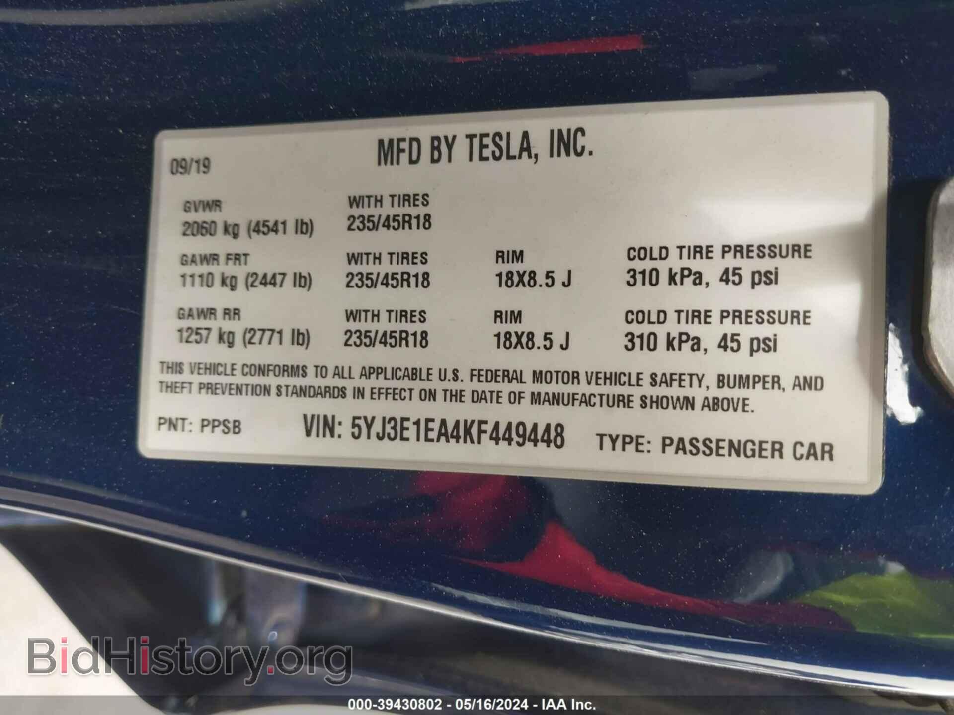 2019 TESLA MODEL 3 - VIN: 5YJ3E1EA4KF449448 - Фото 9