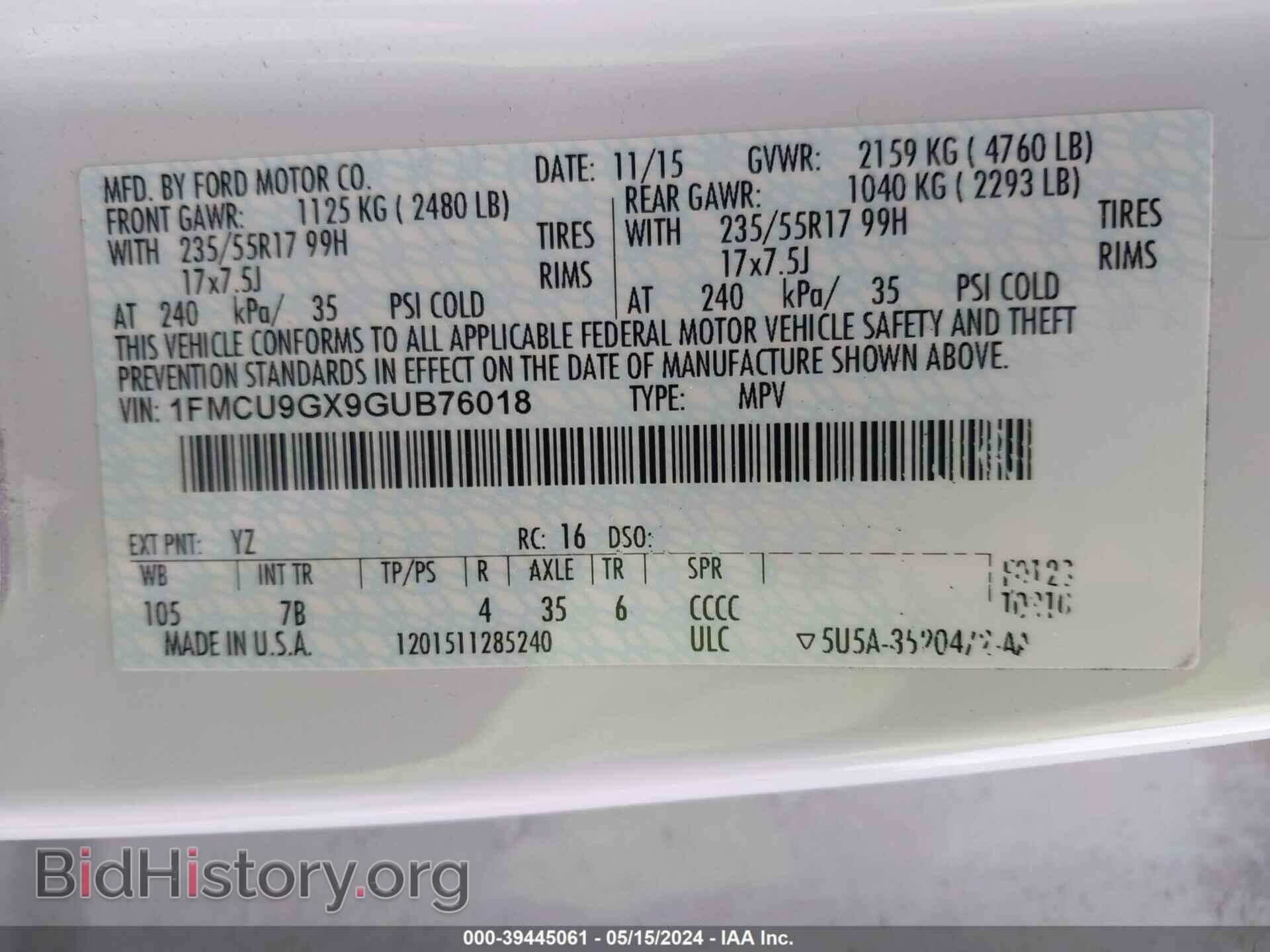 2016 FORD ESCAPE - VIN: 1FMCU9GX9GUB76018 - Фото 9