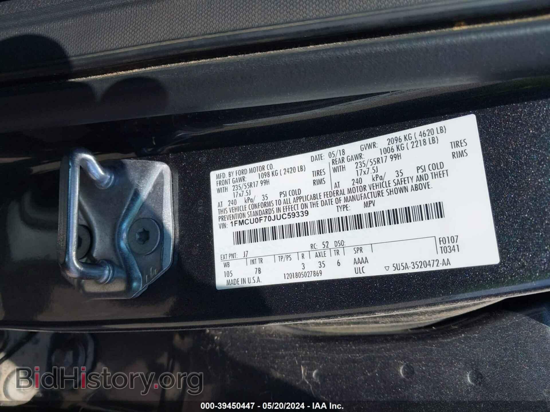 2018 FORD ESCAPE - VIN: 1FMCU0F70JUC59339 - Фото 9