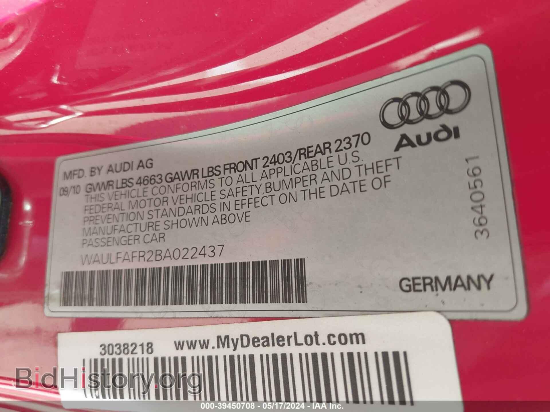 2011 AUDI A5 - VIN: WAULFAFR2BA022437 - Фото 9