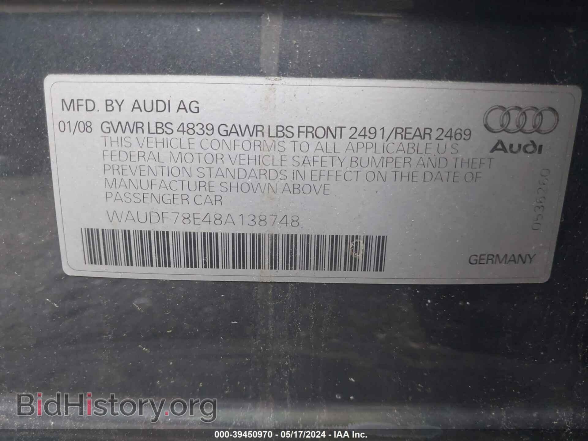 2008 AUDI A4 - VIN: WAUDF78E48A138748 - Фото 9