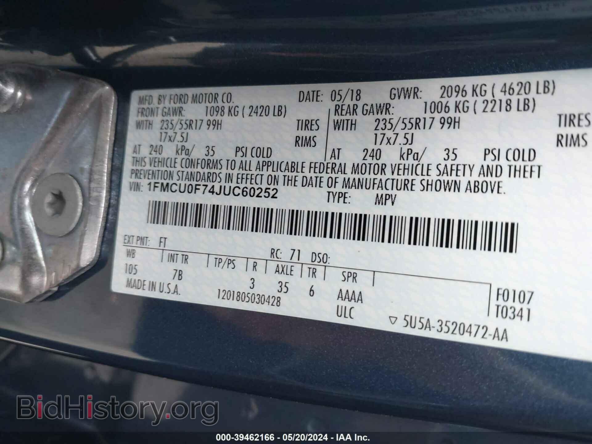 2018 FORD ESCAPE - VIN: 1FMCU0F74JUC60252 - Photo 9