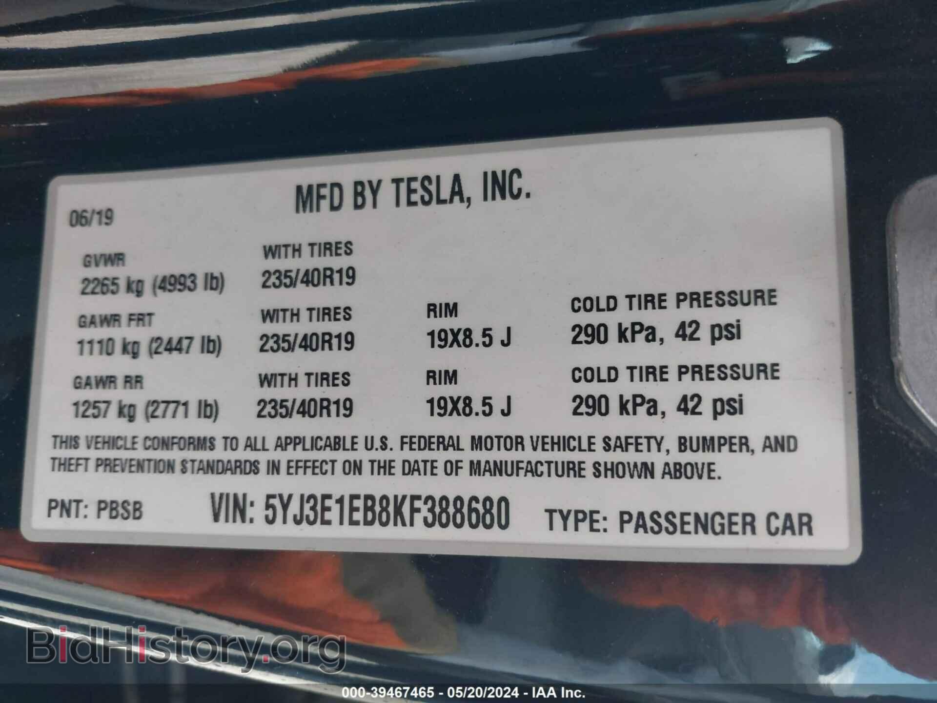 2019 TESLA MODEL 3 - VIN: 5YJ3E1EB8KF388680 - Фото 9