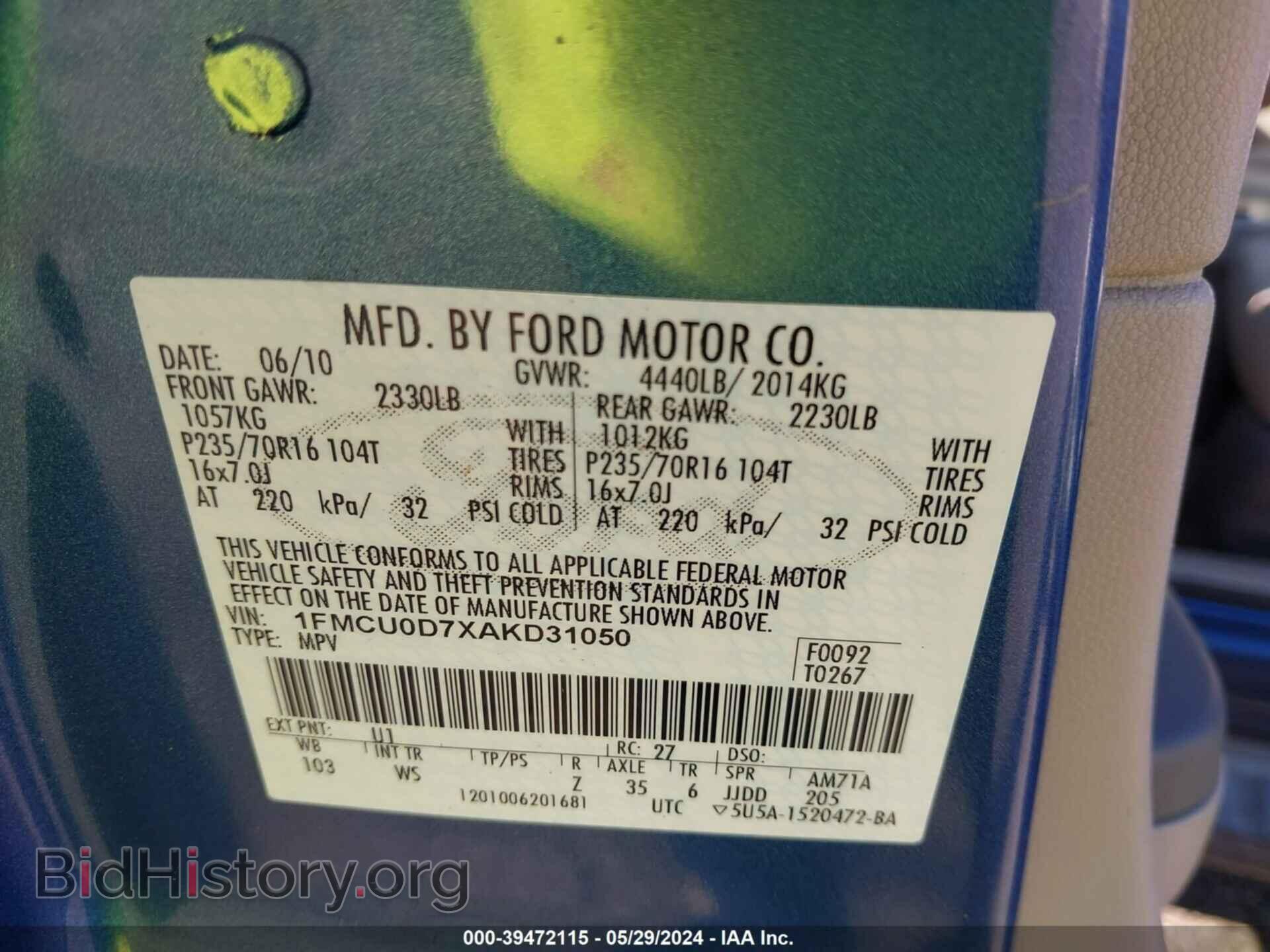 2010 FORD ESCAPE - VIN: 1FMCU0D7XAKD31050 - Фото 9