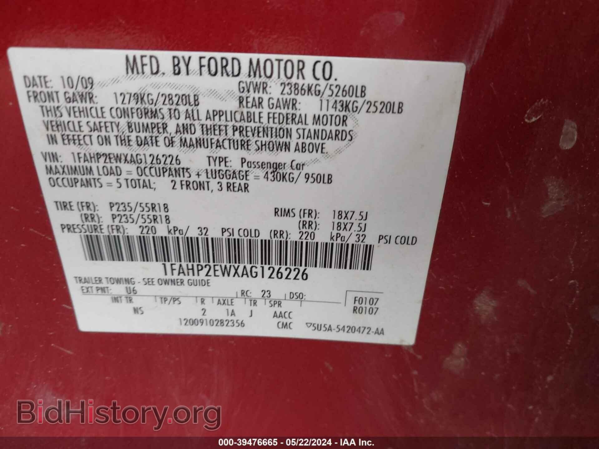 2010 FORD TAURUS - VIN: 1FAHP2EWXAG126226 - Фото 9