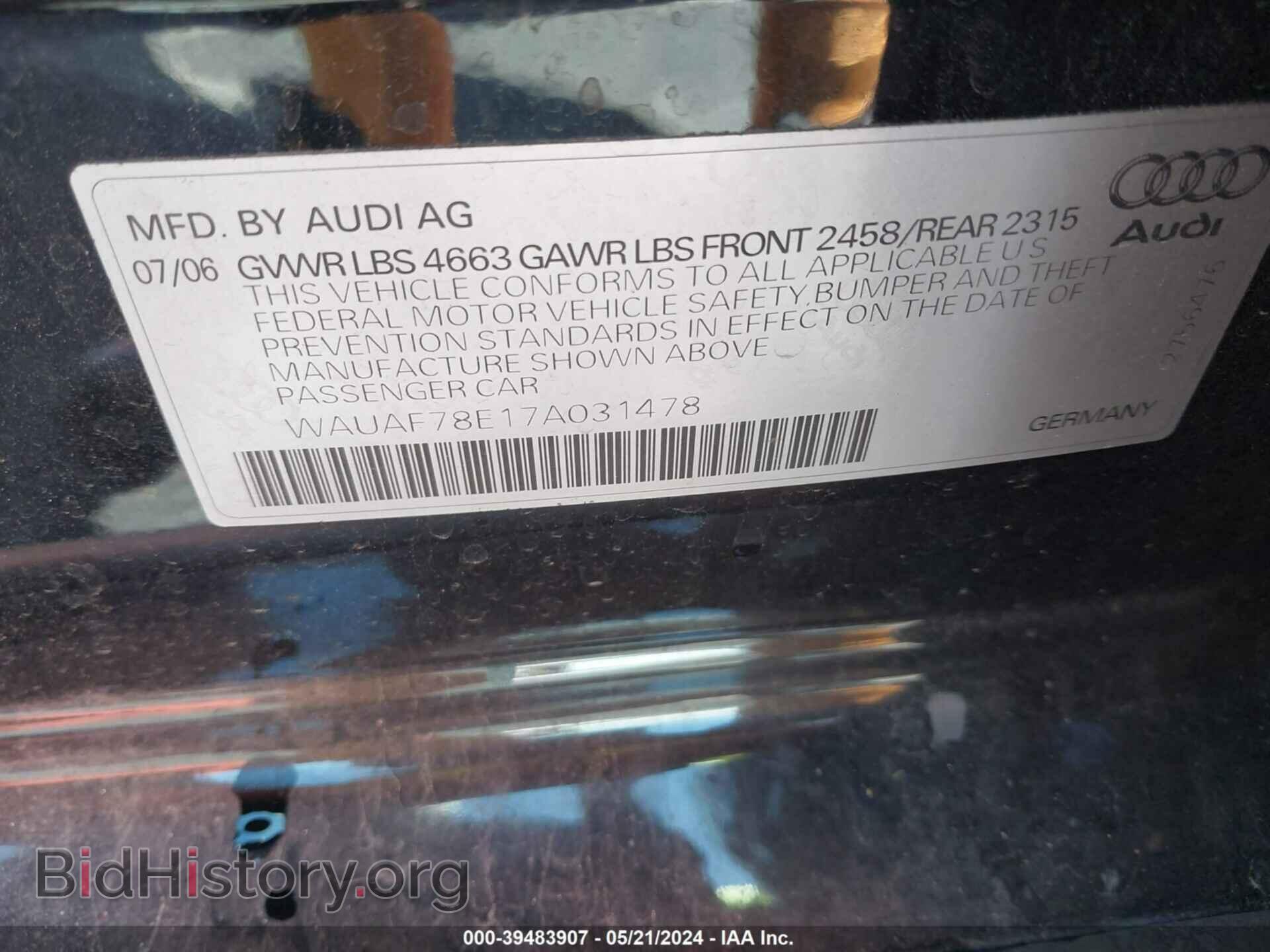 2007 AUDI A4 - VIN: WAUAF78E17A031478 - Фото 9