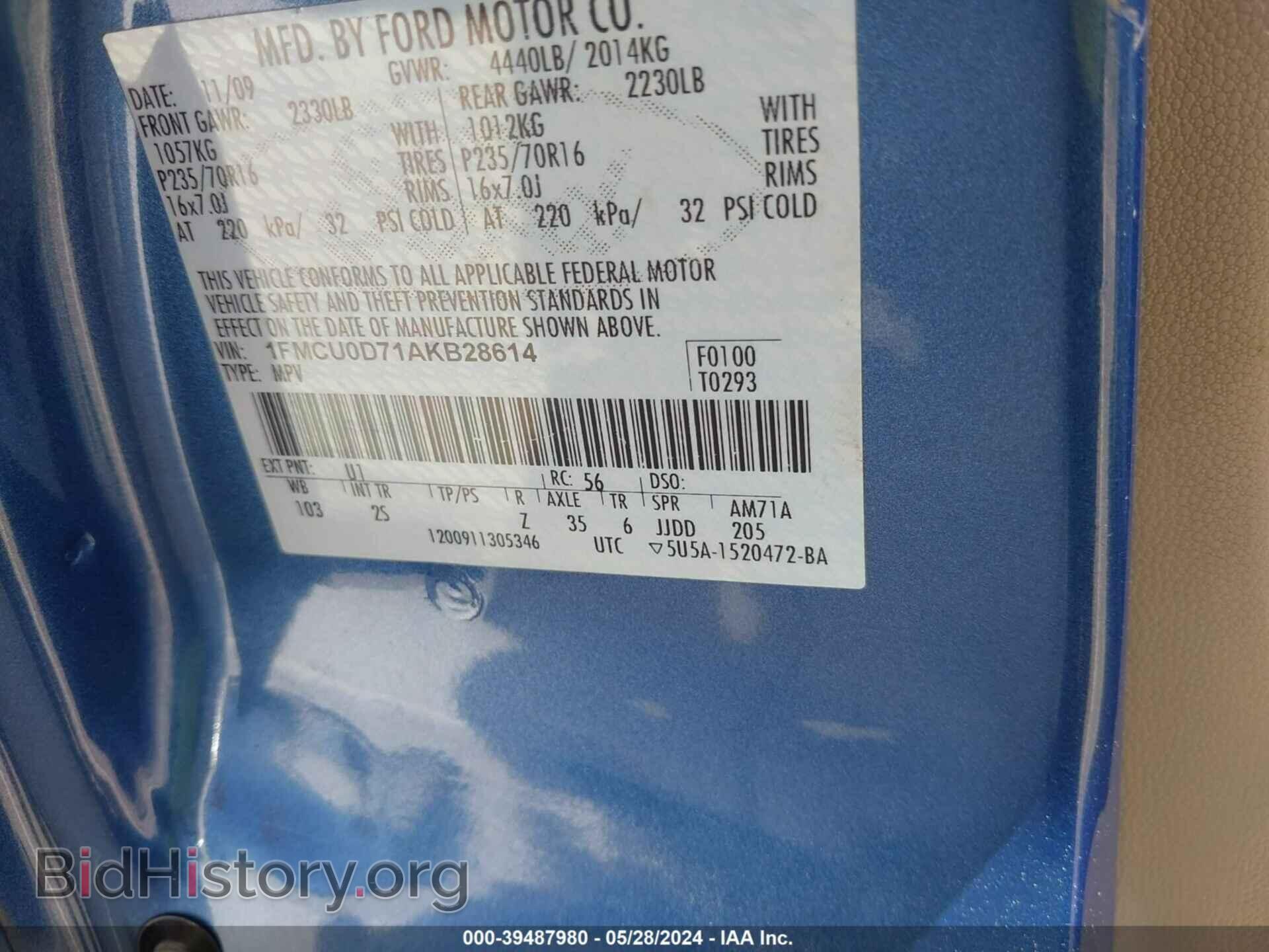 2010 FORD ESCAPE - VIN: 1FMCU0D71AKB28614 - Фото 9