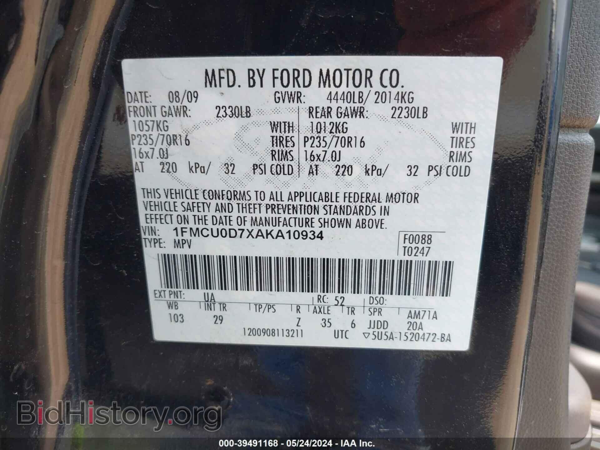 2010 FORD ESCAPE - VIN: 1FMCU0D7XAKA10934 - Фото 9