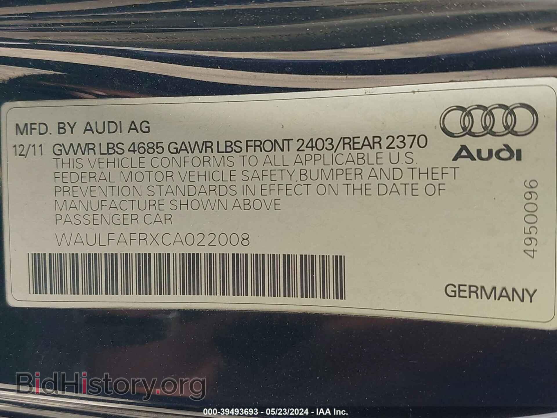 2012 AUDI A5 - VIN: WAULFAFRXCA022008 - Фото 9