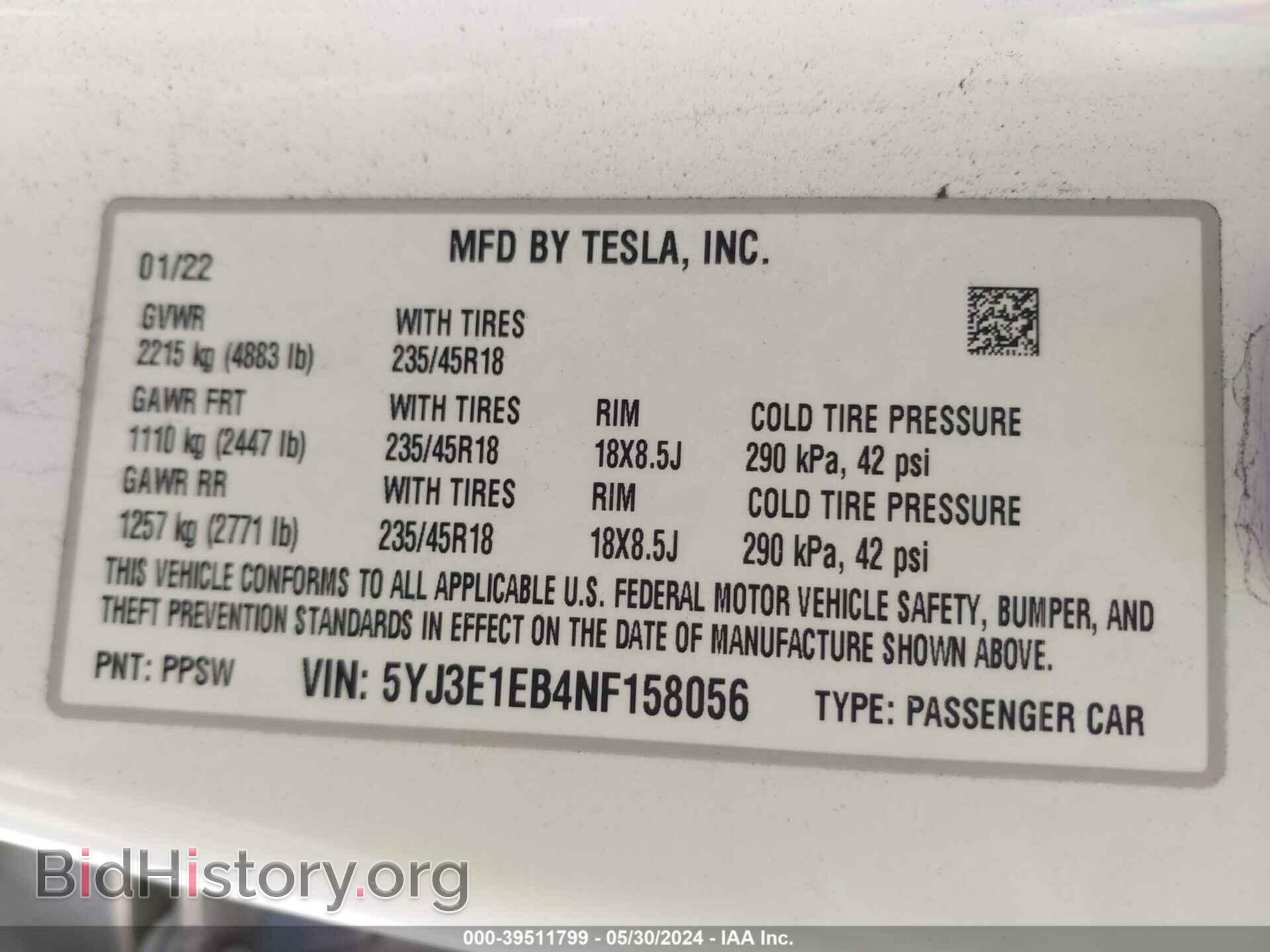 2022 TESLA MODEL 3 - VIN: 5YJ3E1EB4NF158056 - Фото 9