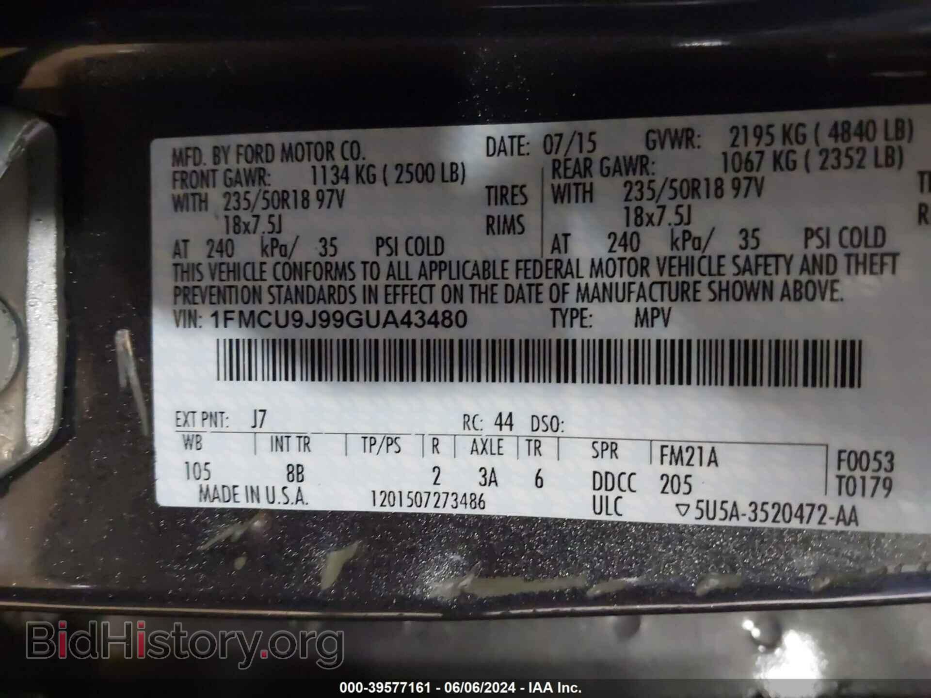 2016 FORD ESCAPE - VIN: 1FMCU9J99GUA43480 - Фото 9