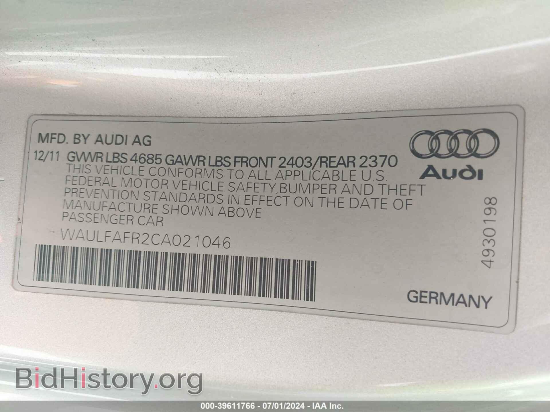 2012 AUDI A5 - VIN: WAULFAFR2CA021046 - Фото 9