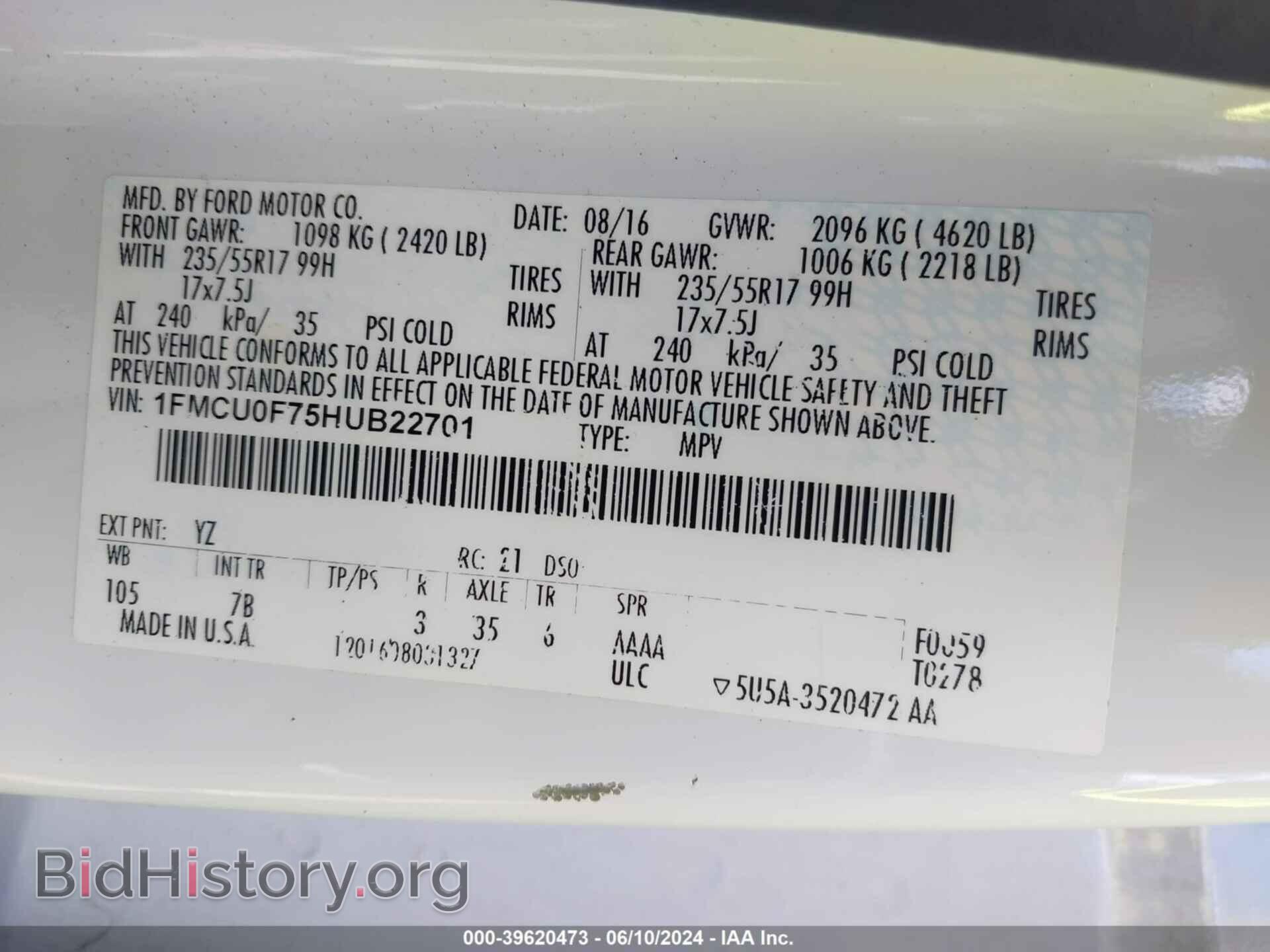2017 FORD ESCAPE - VIN: 1FMCU0F75HUB22701 - Photo 9