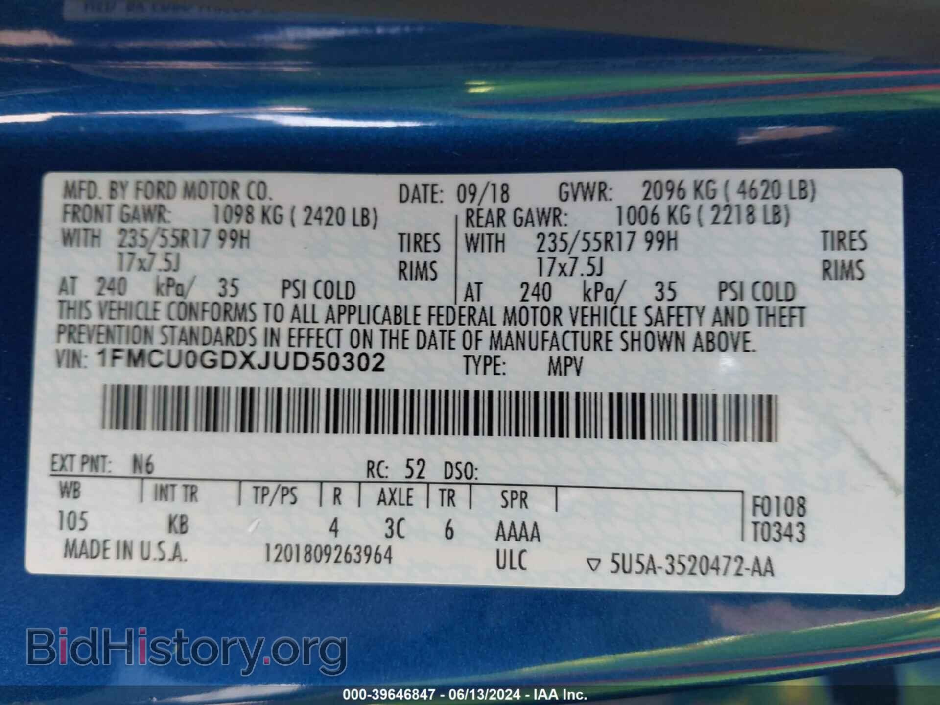 2018 FORD ESCAPE - VIN: 1FMCU0GDXJUD50302 - Фото 9