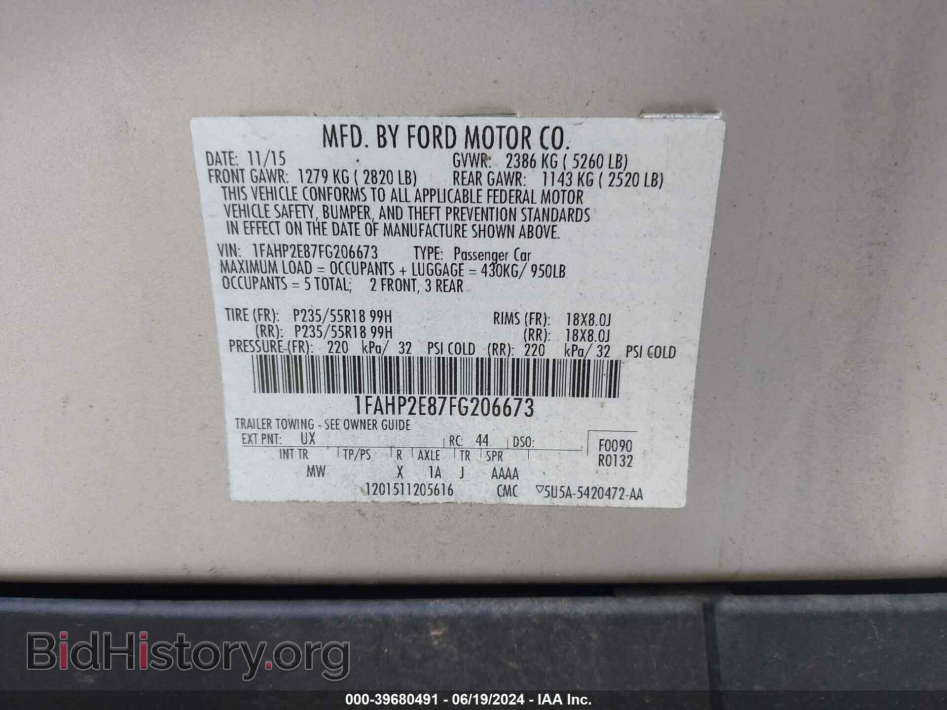2015 FORD TAURUS - VIN: 1FAHP2E87FG206673 - Фото 9