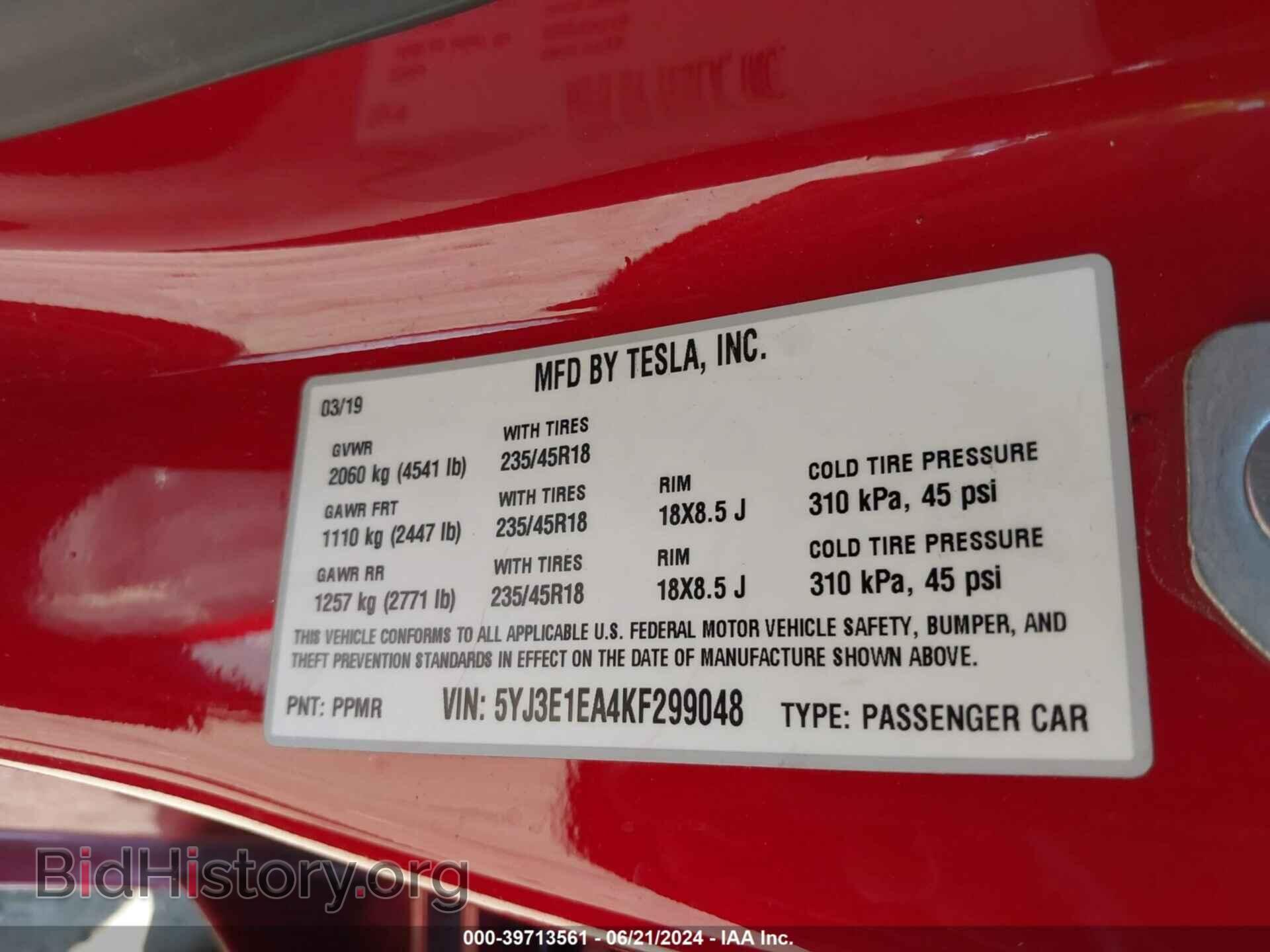 2019 TESLA MODEL 3 - VIN: 5YJ3E1EA4KF299048 - Фото 9