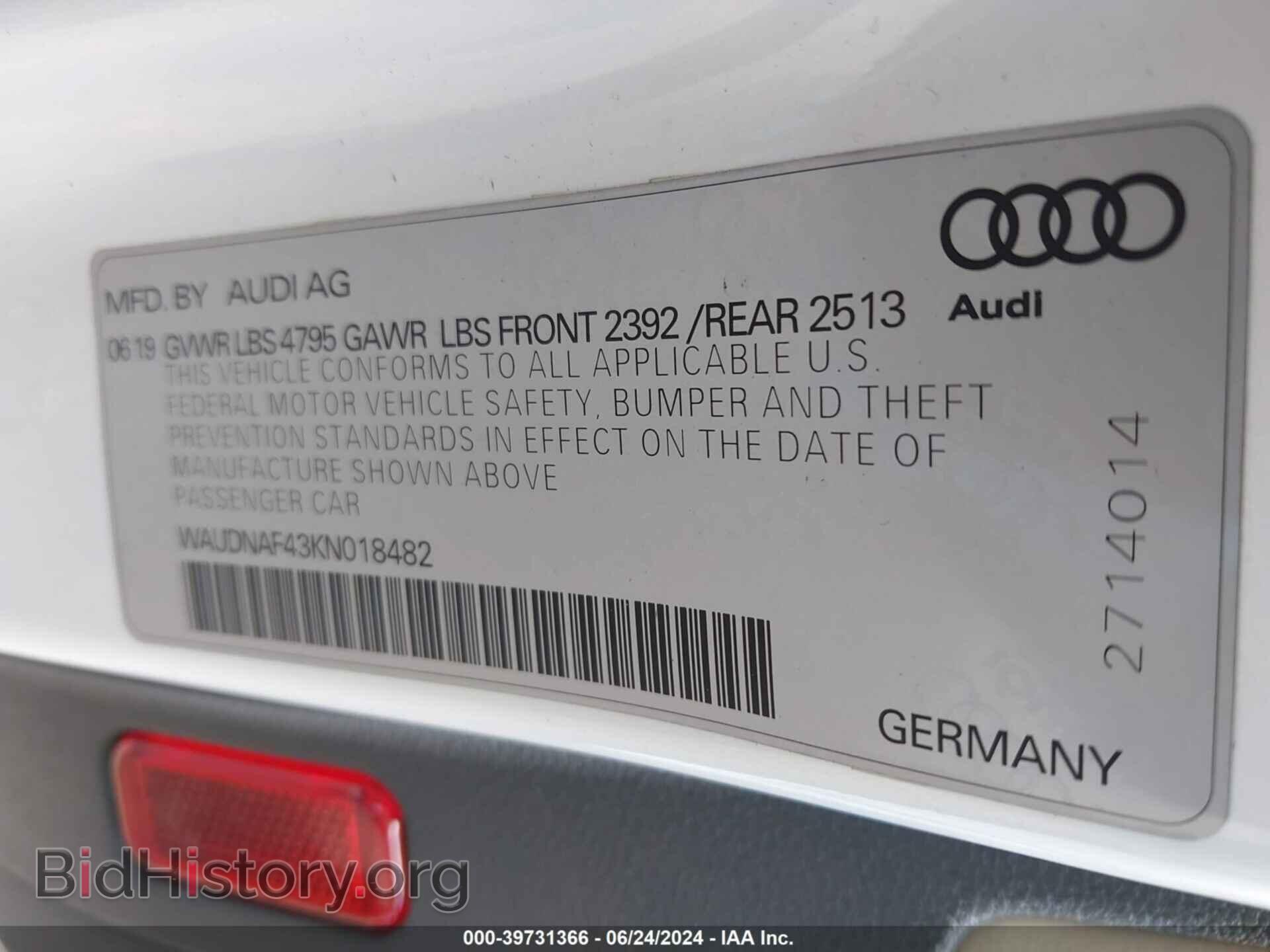 2019 AUDI A4 - VIN: WAUDNAF43KN018482 - Фото 9