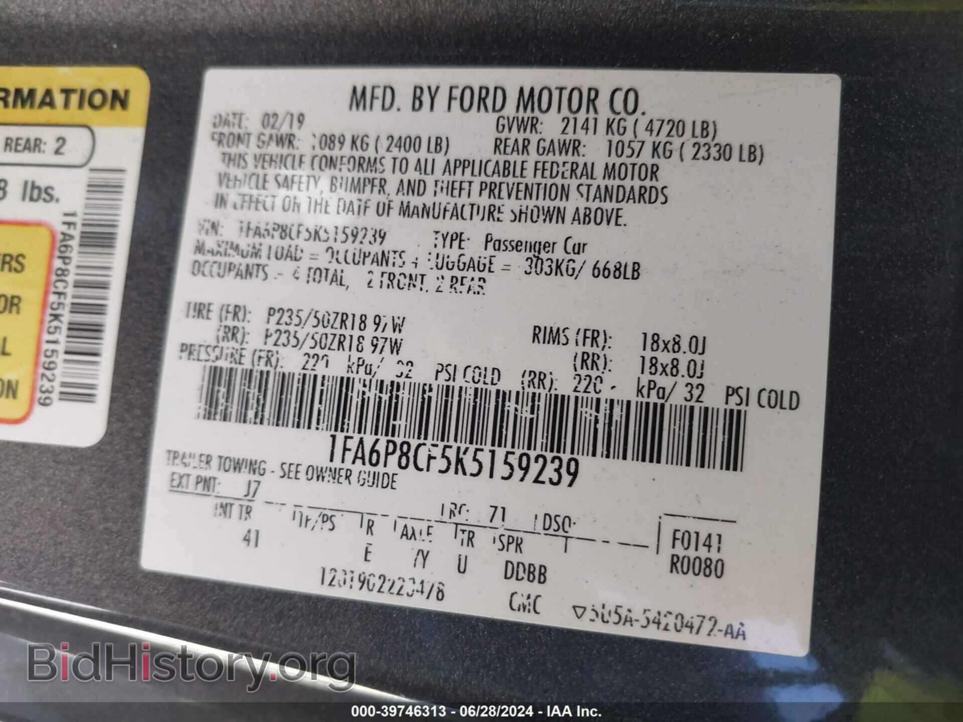 2019 FORD MUSTANG - VIN: 1FA6P8CF5K5159239 - Фото 9