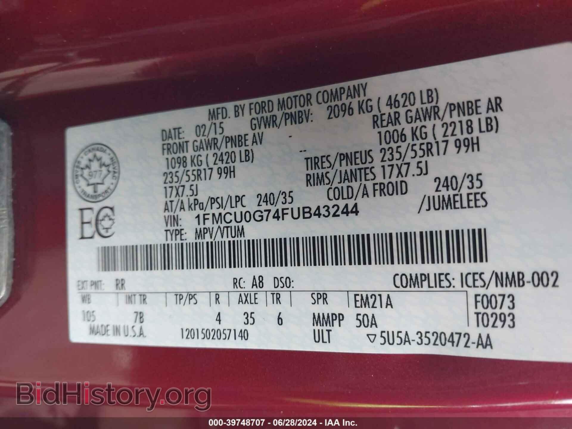 2015 FORD ESCAPE - VIN: 1FMCU0G74FUB43244 - Photo 9