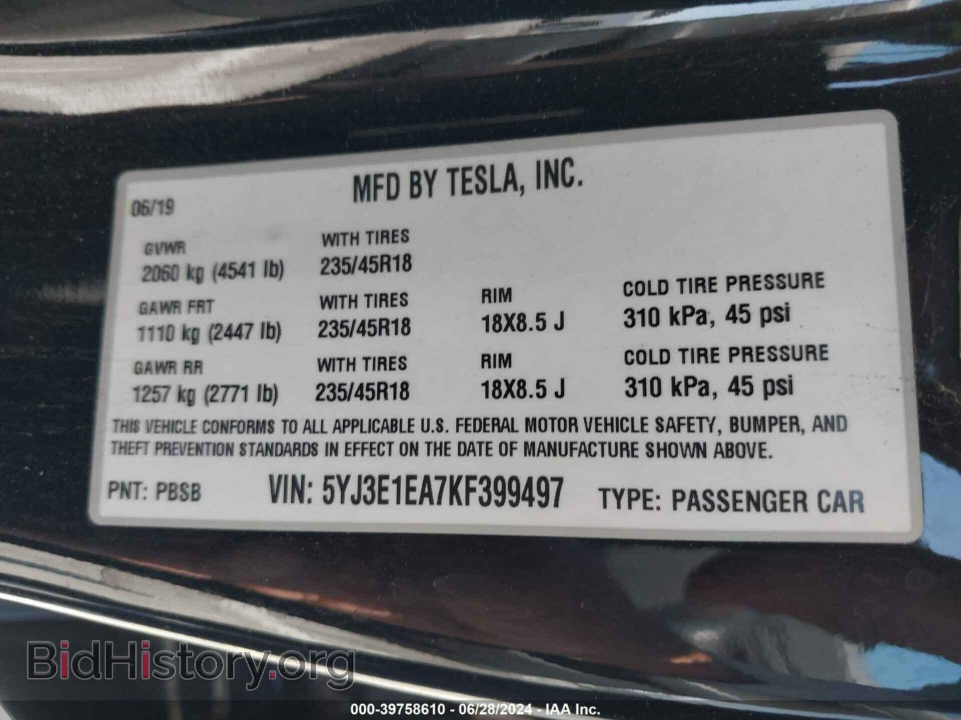 2019 TESLA MODEL 3 - VIN: 5YJ3E1EA7KF399497 - Фото 9