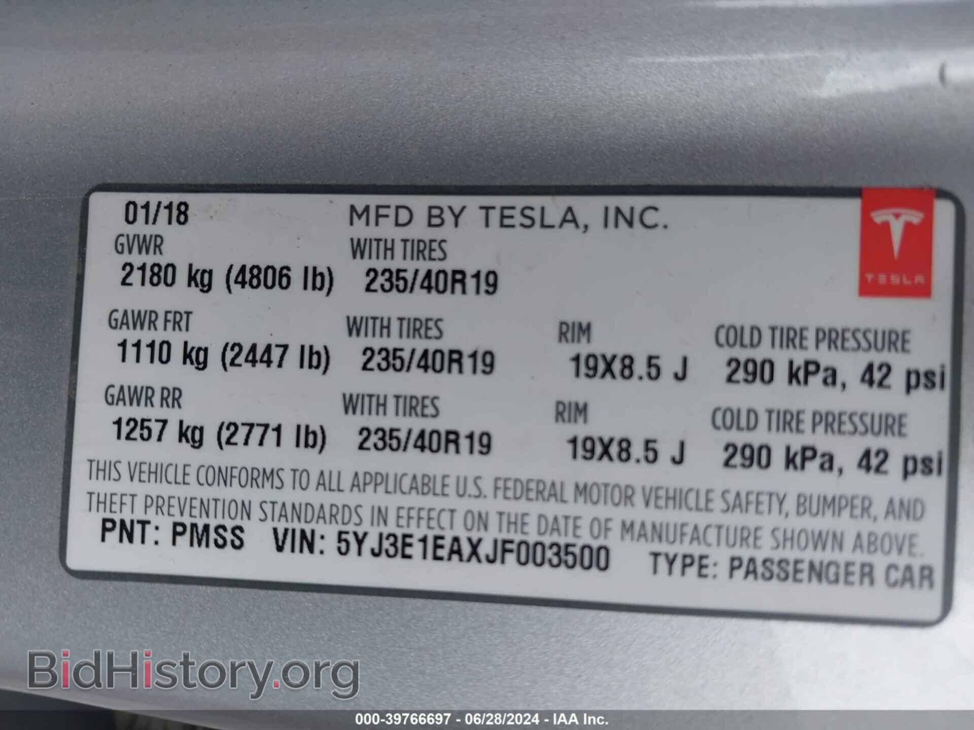 2018 TESLA MODEL 3 - VIN: 5YJ3E1EAXJF003500 - Фото 9