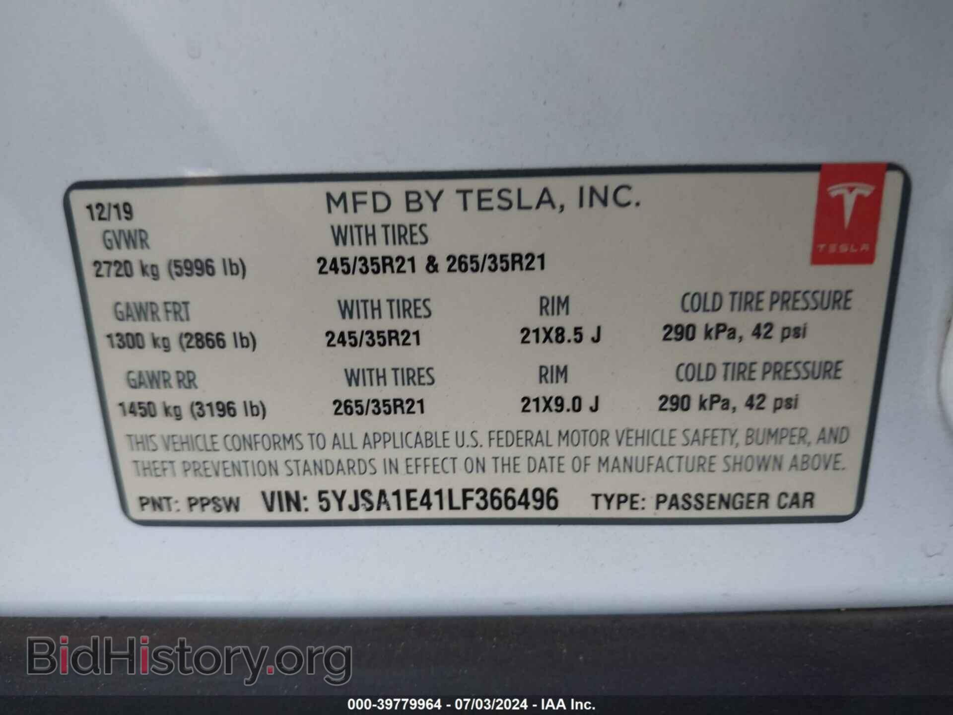 2020 TESLA MODEL S - VIN: 5YJSA1E41LF366496 - Фото 9