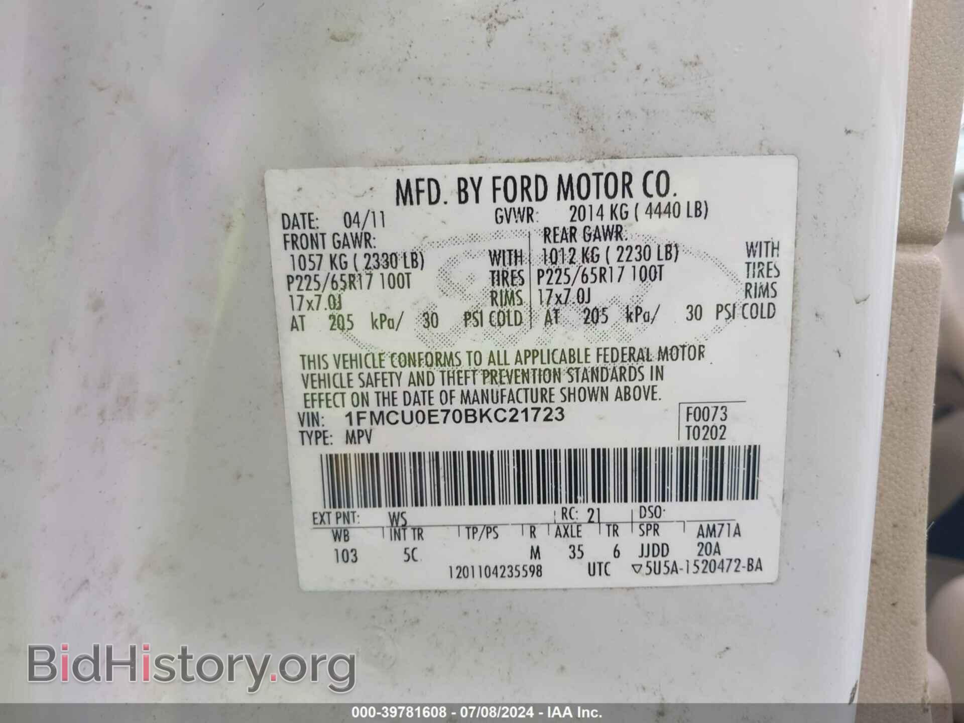 2011 FORD ESCAPE - VIN: 1FMCU0E70BKC21723 - Фото 9