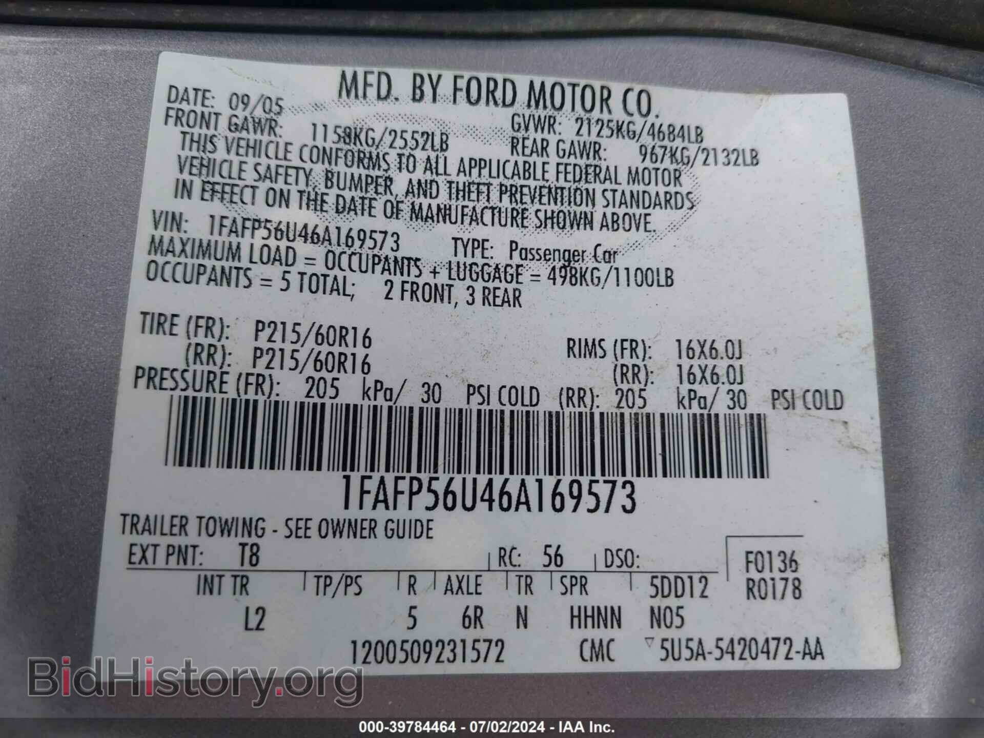 2006 FORD TAURUS - VIN: 1FAFP56U46A169573 - Фото 9
