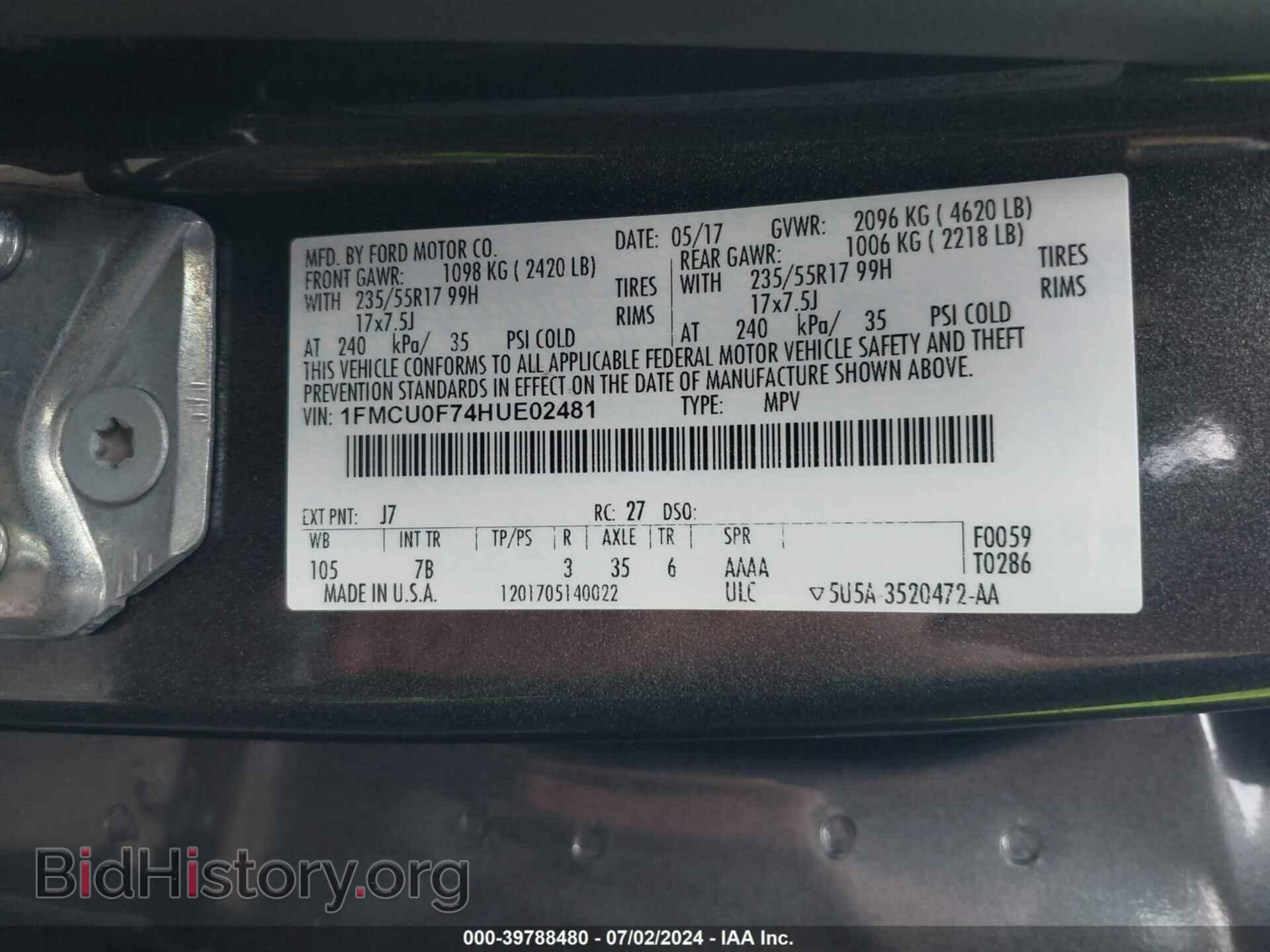 2017 FORD ESCAPE - VIN: 1FMCU0F74HUE02481 - Фото 9