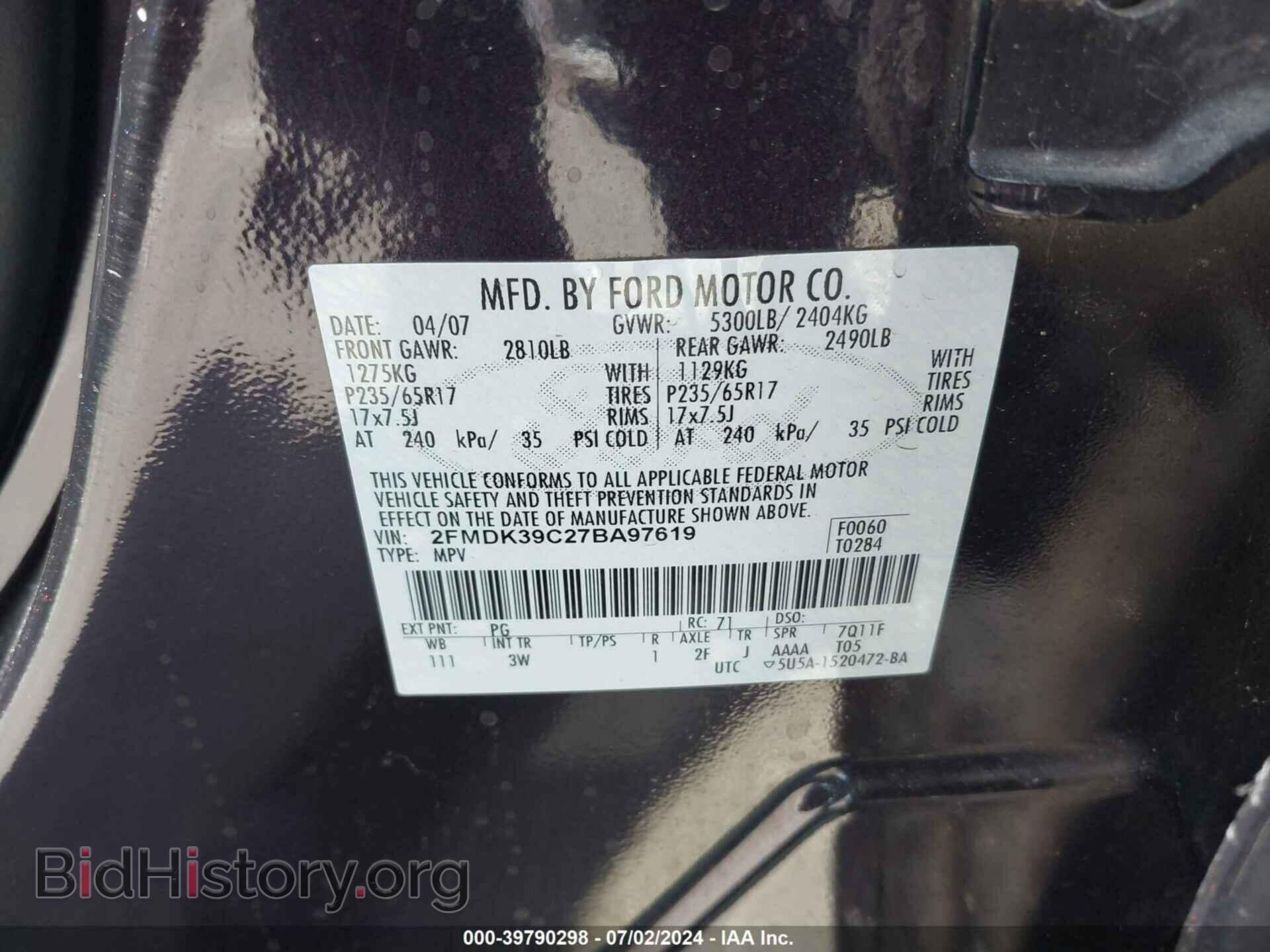 2007 FORD EDGE - VIN: 2FMDK39C27BA97619 - Photo 9