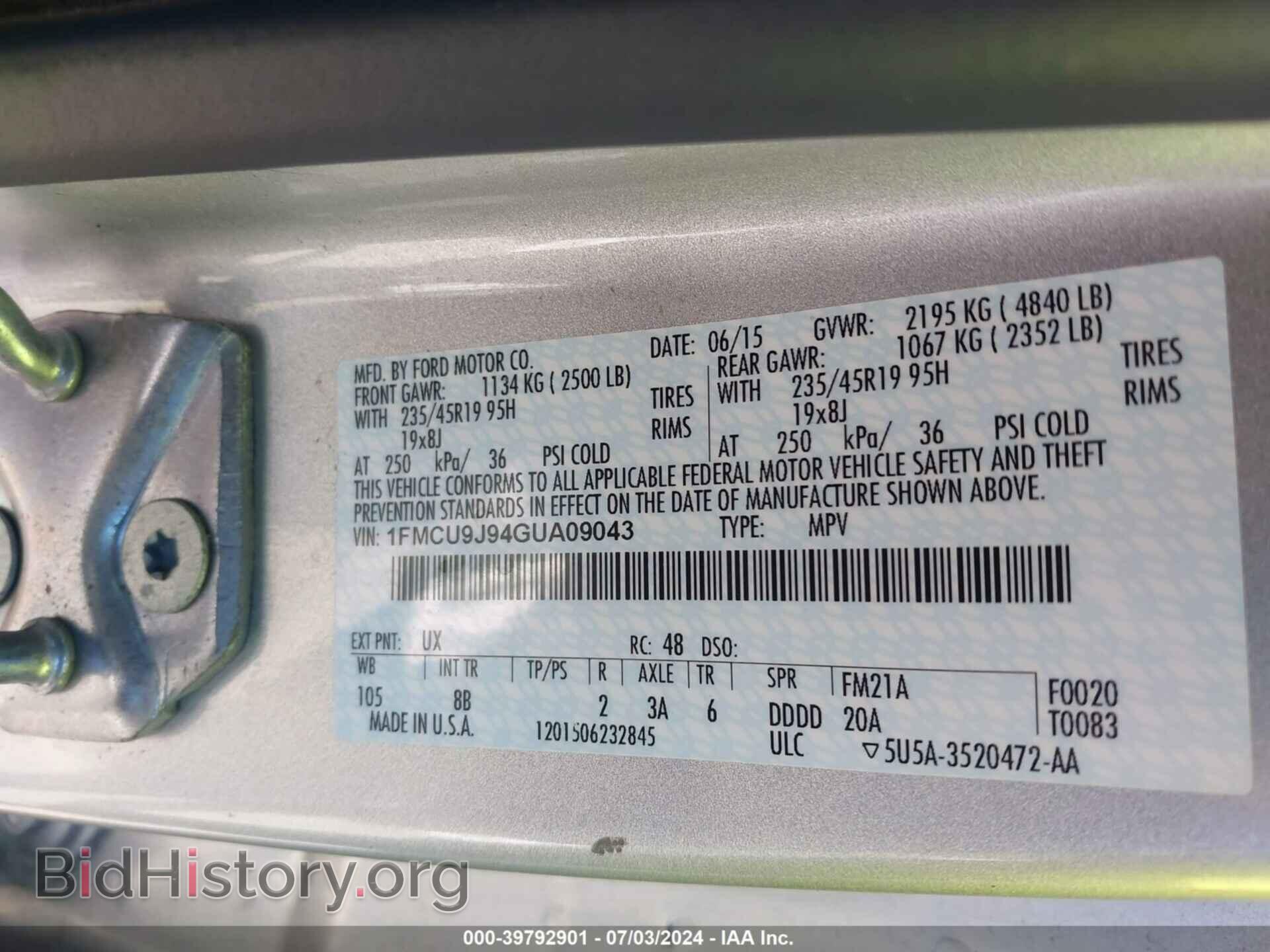2016 FORD ESCAPE - VIN: 1FMCU9J94GUA09043 - Photo 9